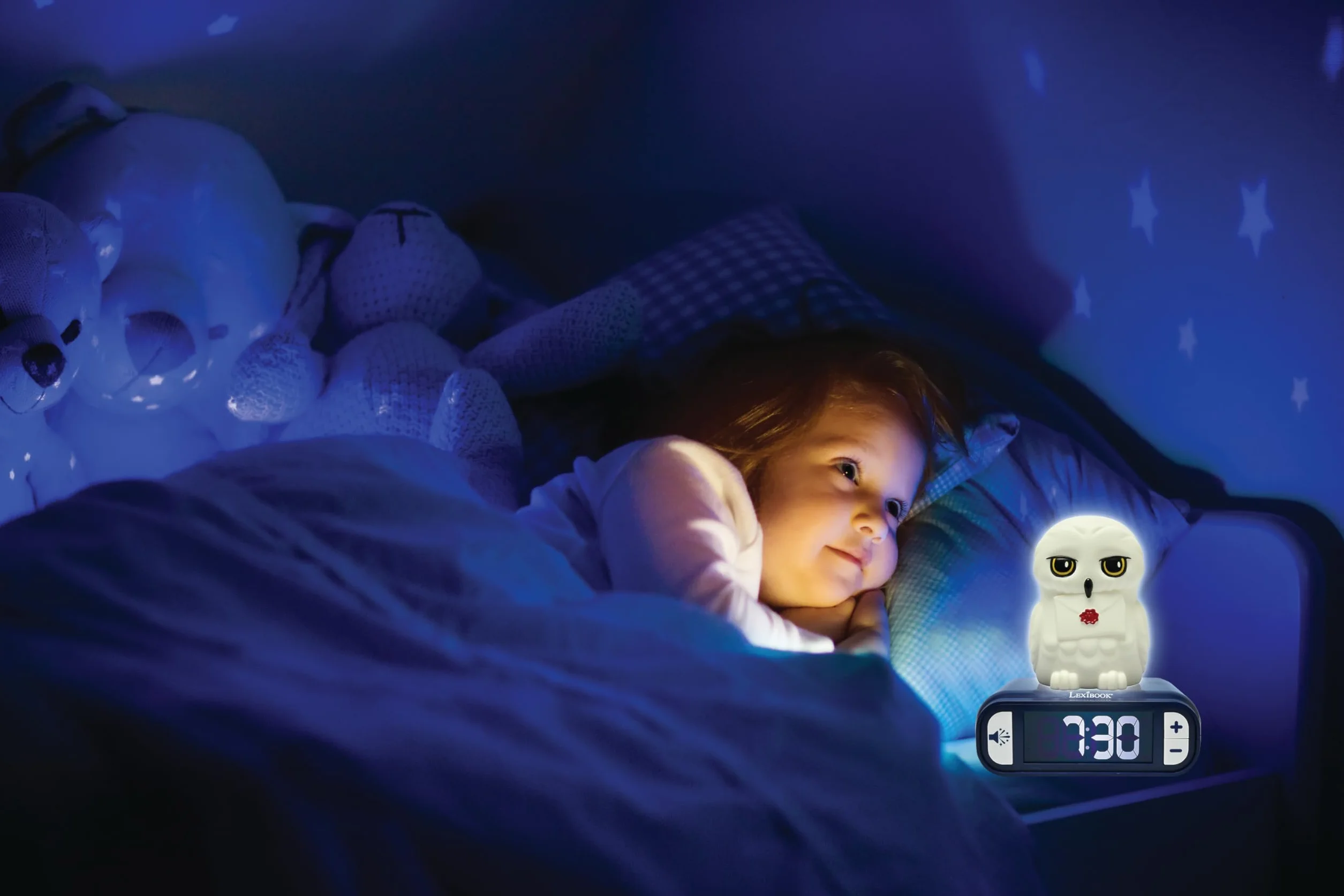 Lexibook, Hedwig Budzik Nocny, Dźwięki i Melodie, Podświetlany Ekran LCD, Świecący, Drzemka, Biały, Niebieski, Mały