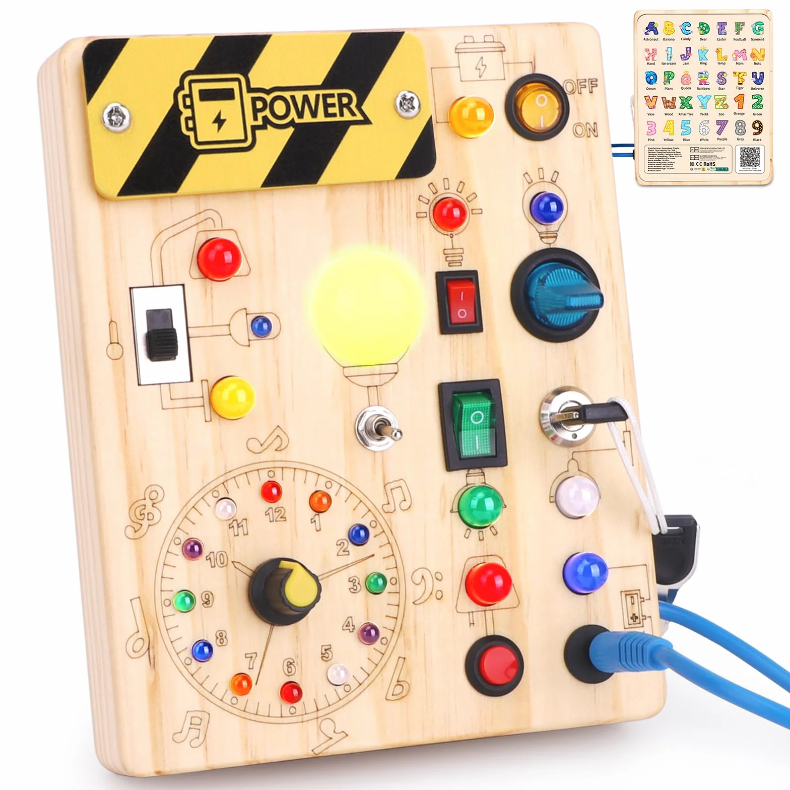 Busy Board Montessori zabawka od 1 roku życia, drewniana zabawka motoryczna, zabawka edukacyjna z 10 przełącznikami i 23 diodami LED dla małych dzieci, prezent dla chłopców i dziewczynek, 1, 2, 3 lata