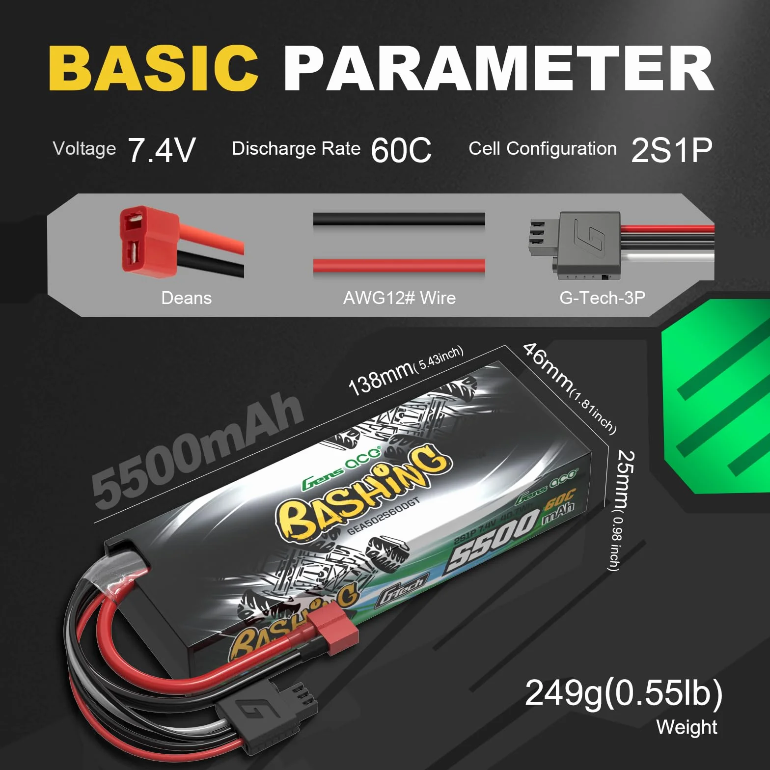 Gens ace 2S bateria Lipo 5000mAh 7.4V 60C bateria z wtyczką T Deans Connection Dla większości samochodów RC w skali 1/7 1/8 1/10