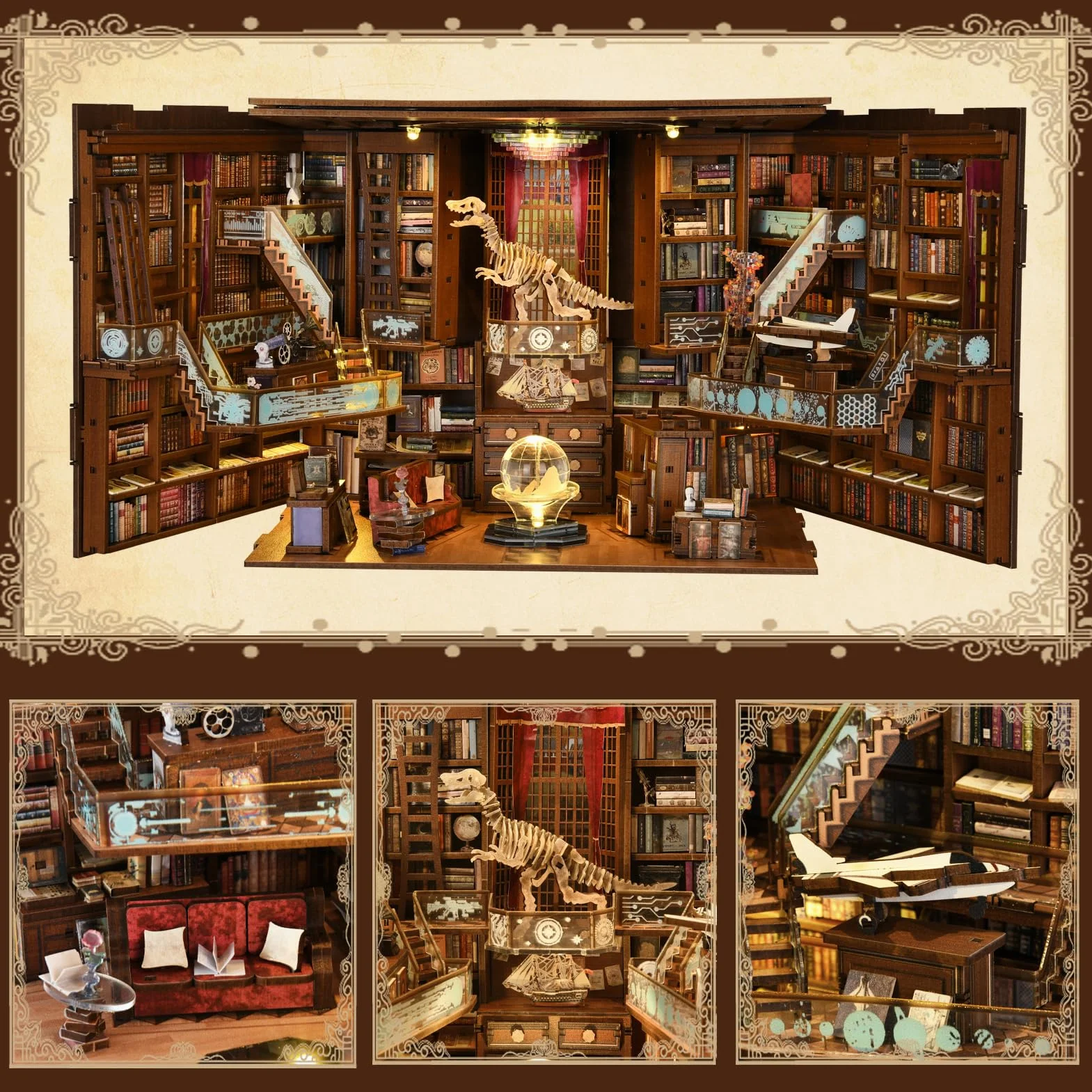 MiniCity Zestaw Book Nook, miniaturowy domek dla lalek 3D DIY, drewniane puzzle 3D, z dekoracją, ze światłem LED, dla nastolatków i dorosłych (Beyond Library Max)