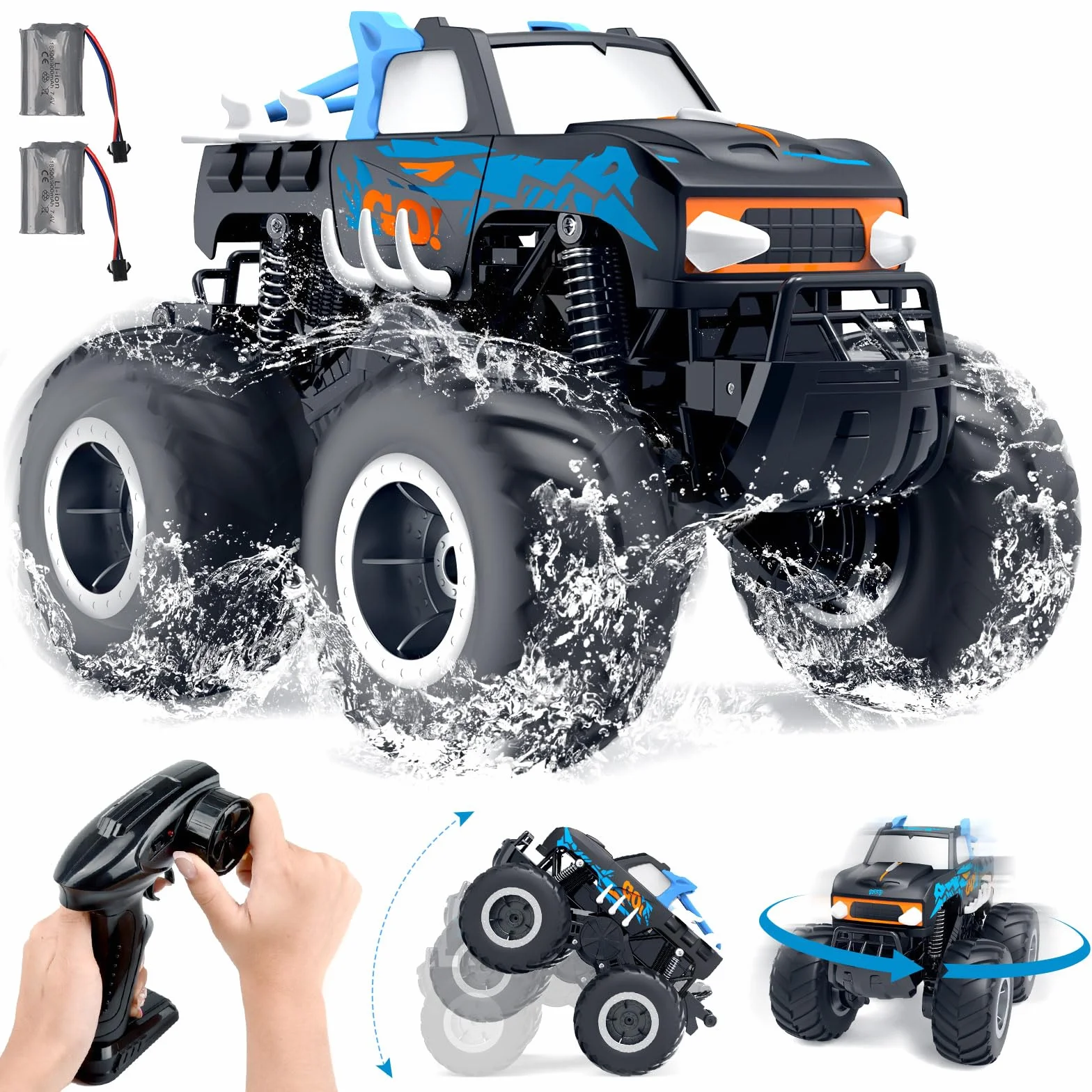 Gindoly Zdalnie sterowany samochód, 2,4 GHz, monster truck, 4WD 15+ km/h, hobby, offroad, samochód RC, wodoszczelny, samochód terenowy, z 2 bateriami, zabawka dla dzieci od 6, 7, 8, 9, 10, 11, 12 lat