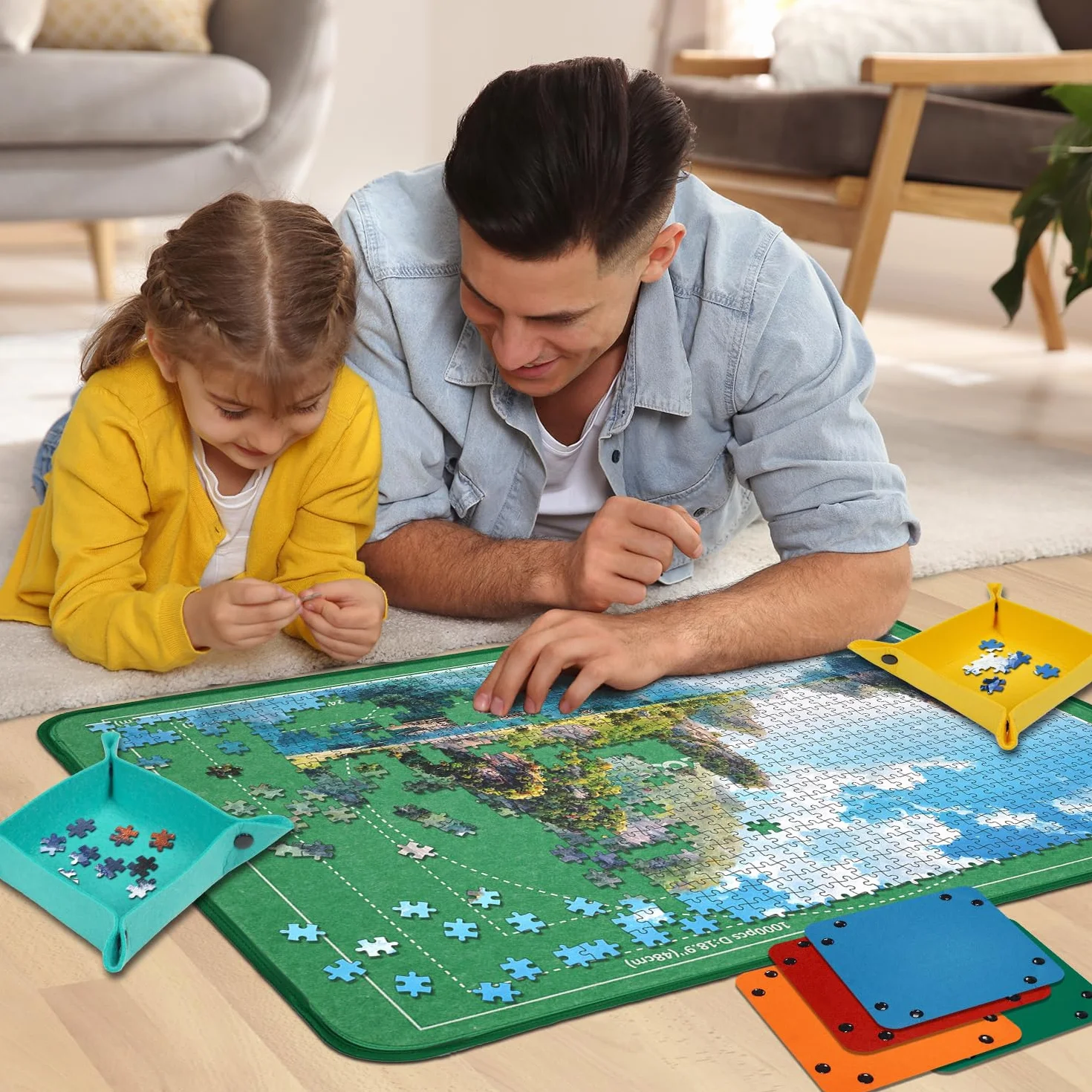 MOZOOSON Tablica do puzzli, 1000 sztuk, tablica do przechowywania puzzli, 81 x 56 cm, akcesoria do puzzli do łatwego przenoszenia i przechowywania (6 tac do sortowania puzzli i 1 przezroczysta