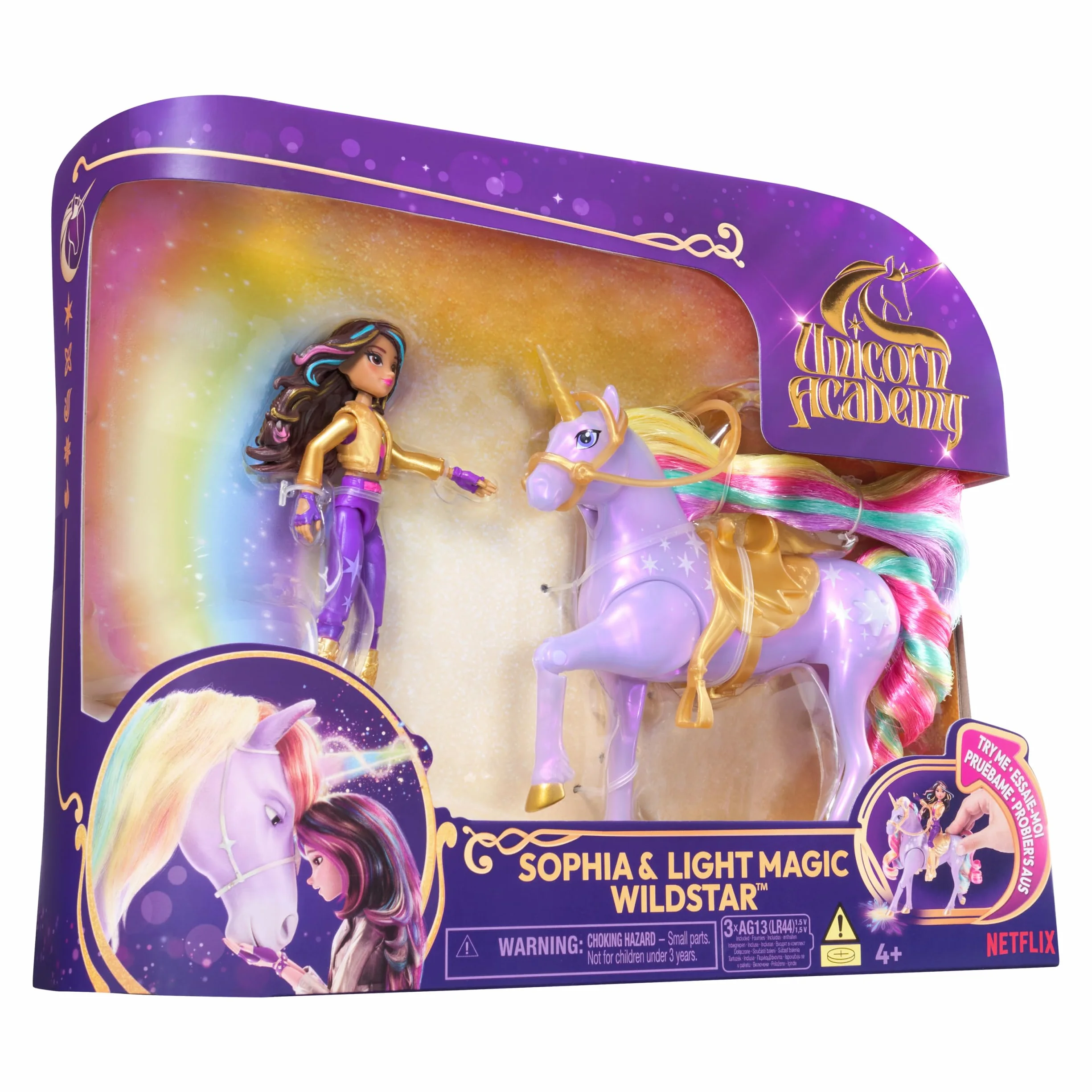 Unicorn Academy, Sophia & Light Magic Wildstar z tęczowymi efektami świetlnymi, 2 akcesoria do jazdy konnej, lalki i zabawki jednorożca dla dziewcząt w wieku od 4 lat