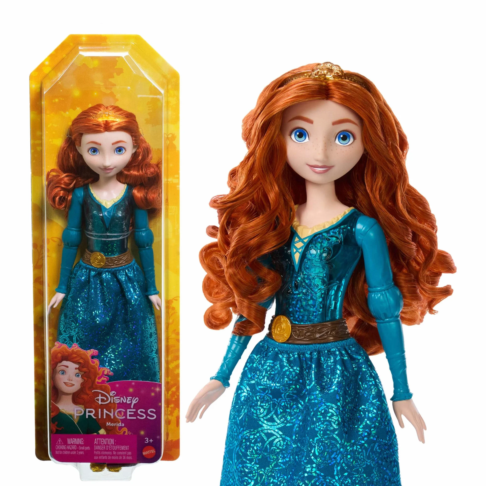 Mattel Księżniczka Disneya Merida Lalka z punktami zgięcia, błyszczącym ubrankiem i akcesoriami inspirowanymi filmem Disneya, prezent dla dzieci HLW13