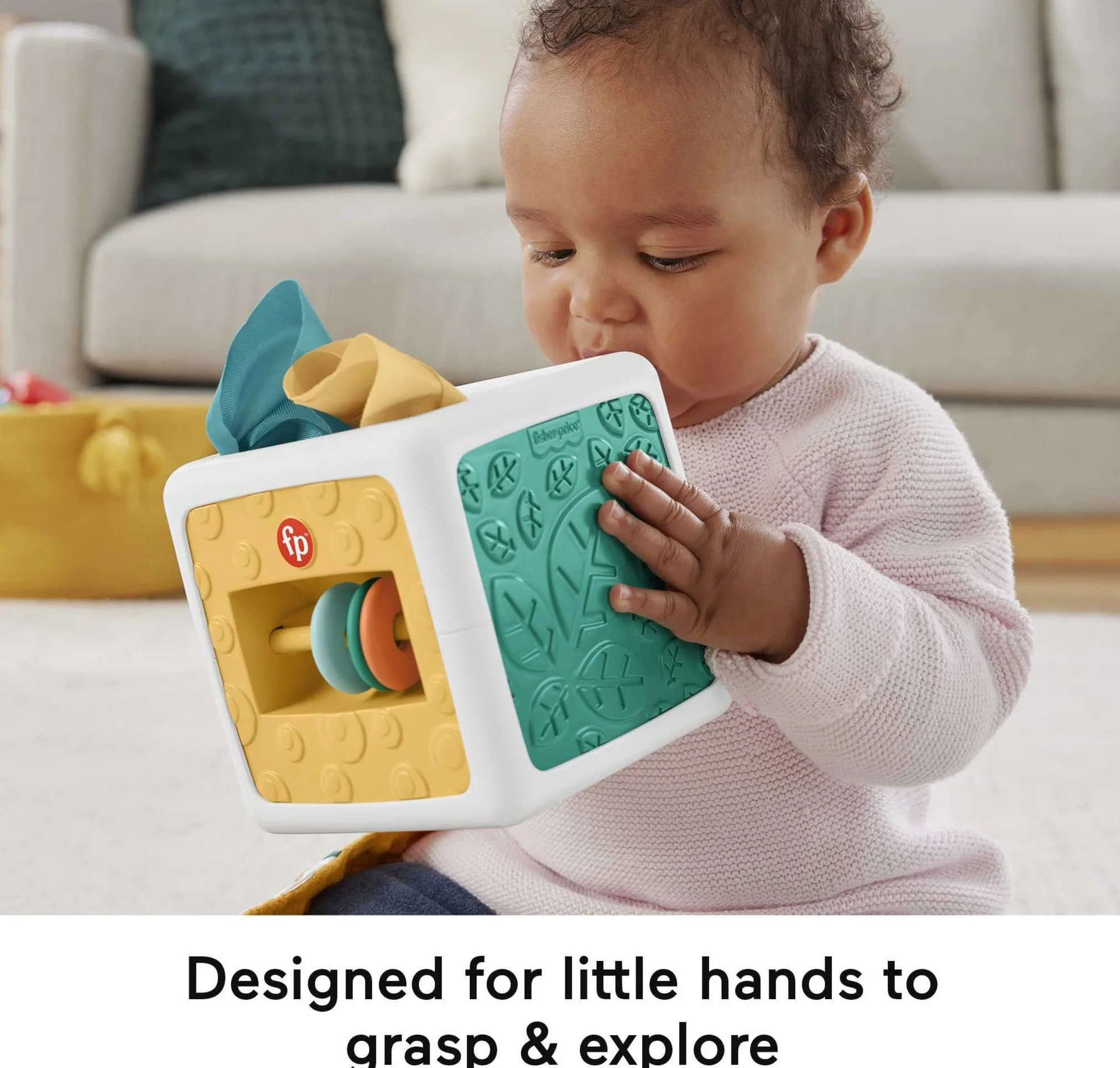 Fisher-Price Kostka sensoryczna Pudełko chusteczek zabawka dla niemowląt, zabawa na brzuszku, szeleszczące zabawki, HML64