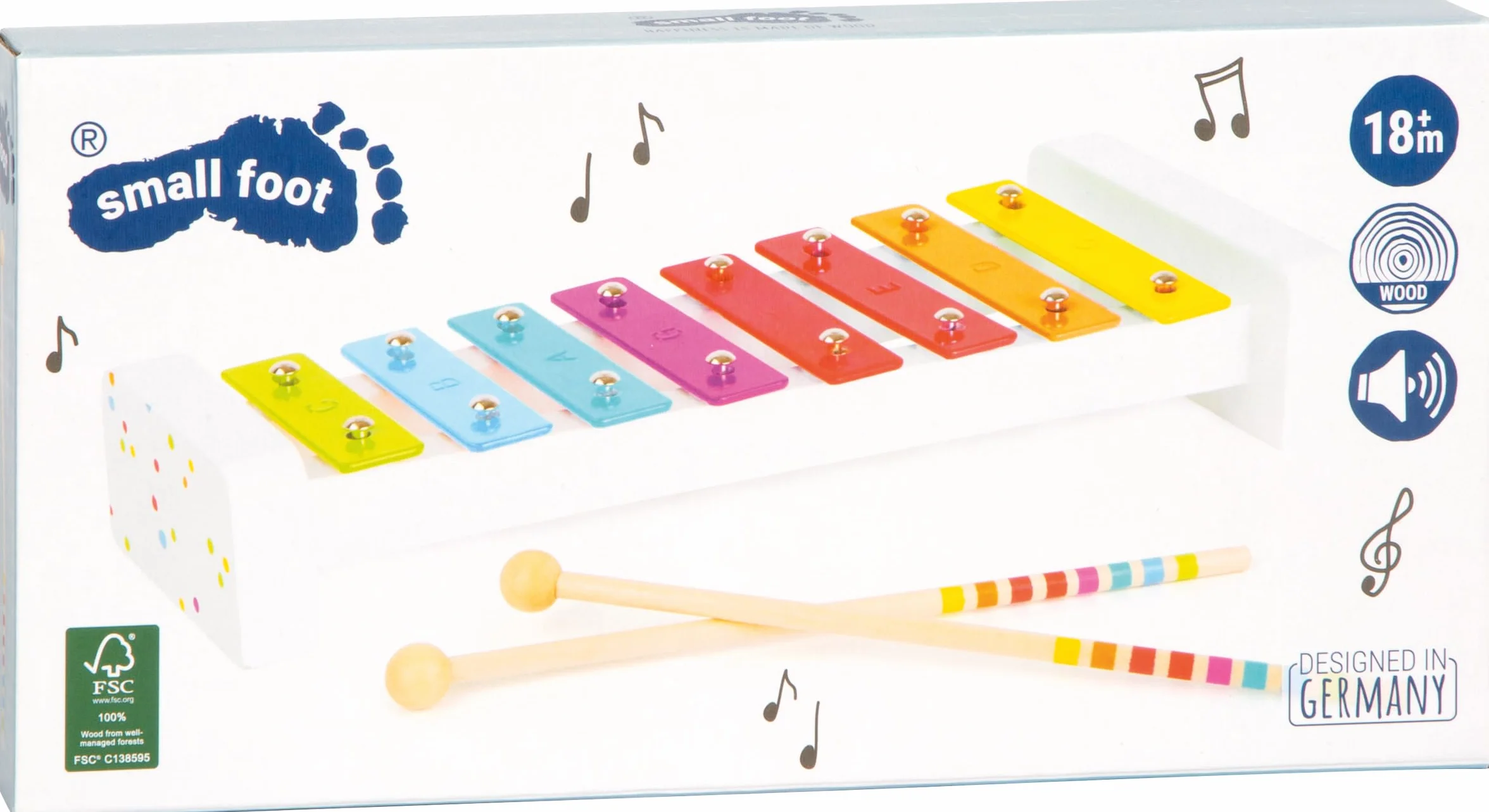small foot Dźwięk ksylofonowy z drewna, kolorowy instrument muzyczny dla dzieci, z nutami, od 18 miesięcy, 1117
