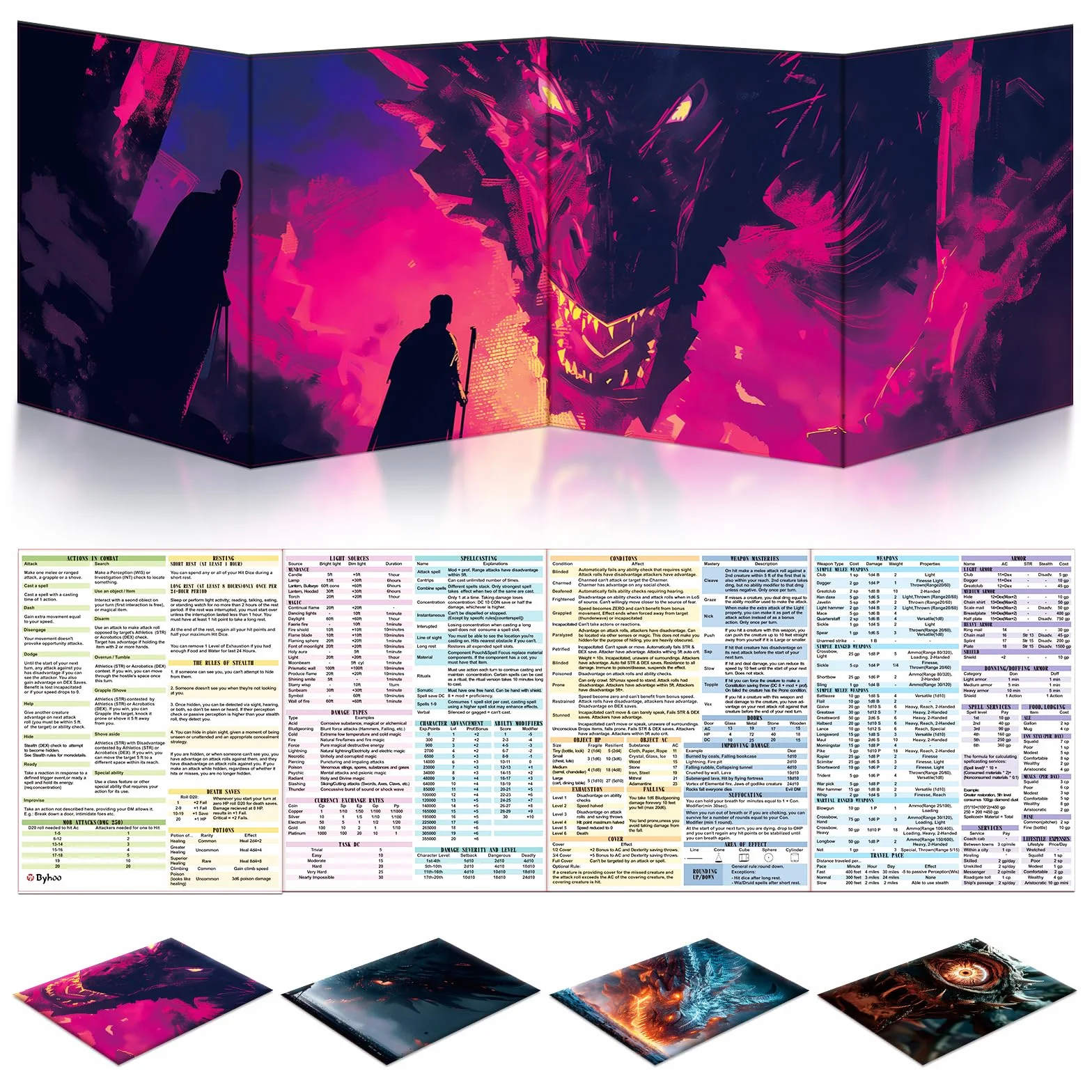 Byhoo DM Parasol 4-częściowy zestaw do D&D 5E, 4 światów tematycznych, wodoodporna powierzchnia, potrójnie składany (A4), kompatybilny z podręcznikiem Player's Handbook