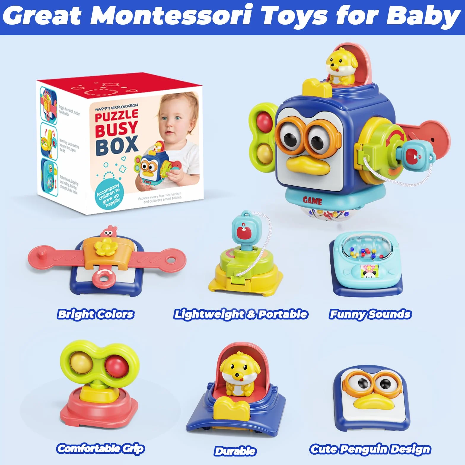 MOONTOY Sensoryczne zabawki Montessori dla rocznego chłopca, prezenty na 1. urodziny, dla małych dzieci w wieku 1-3 lat, zajęta kostka planszowa 6, 7, 8, 9, 10, 12 miesięcy, zabawki dla niemowląt w