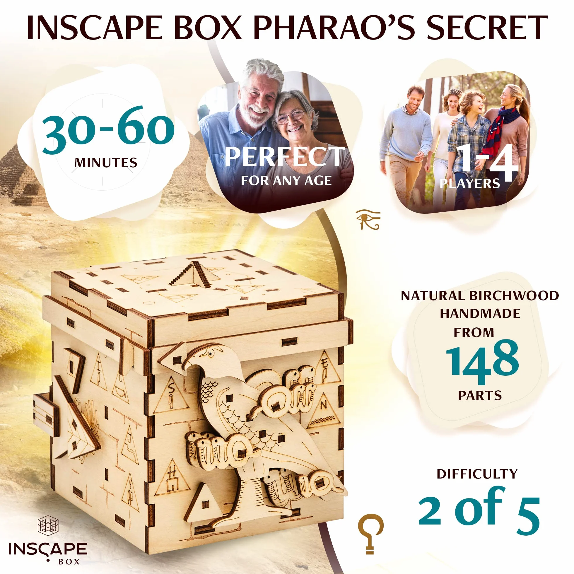 INSCAPE Pharaoh´s Secret Puzzle Box - Escape Room w pudełku dla dorosłych - puzzle dla dorosłych - pudełka na puzzle z ukrytymi przegródkami, drewniane pudełko na puzzle, prezent urodzinowy