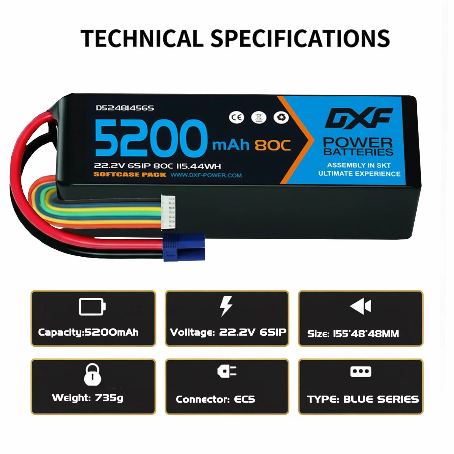 DXF 6S Lipo akumulator 22,2V 80C 5200mAh RC akumulator z wtyczką EC5 do RC Car RC Ciężarówka RC samochód ciężarowy Helicopter RC Hobby