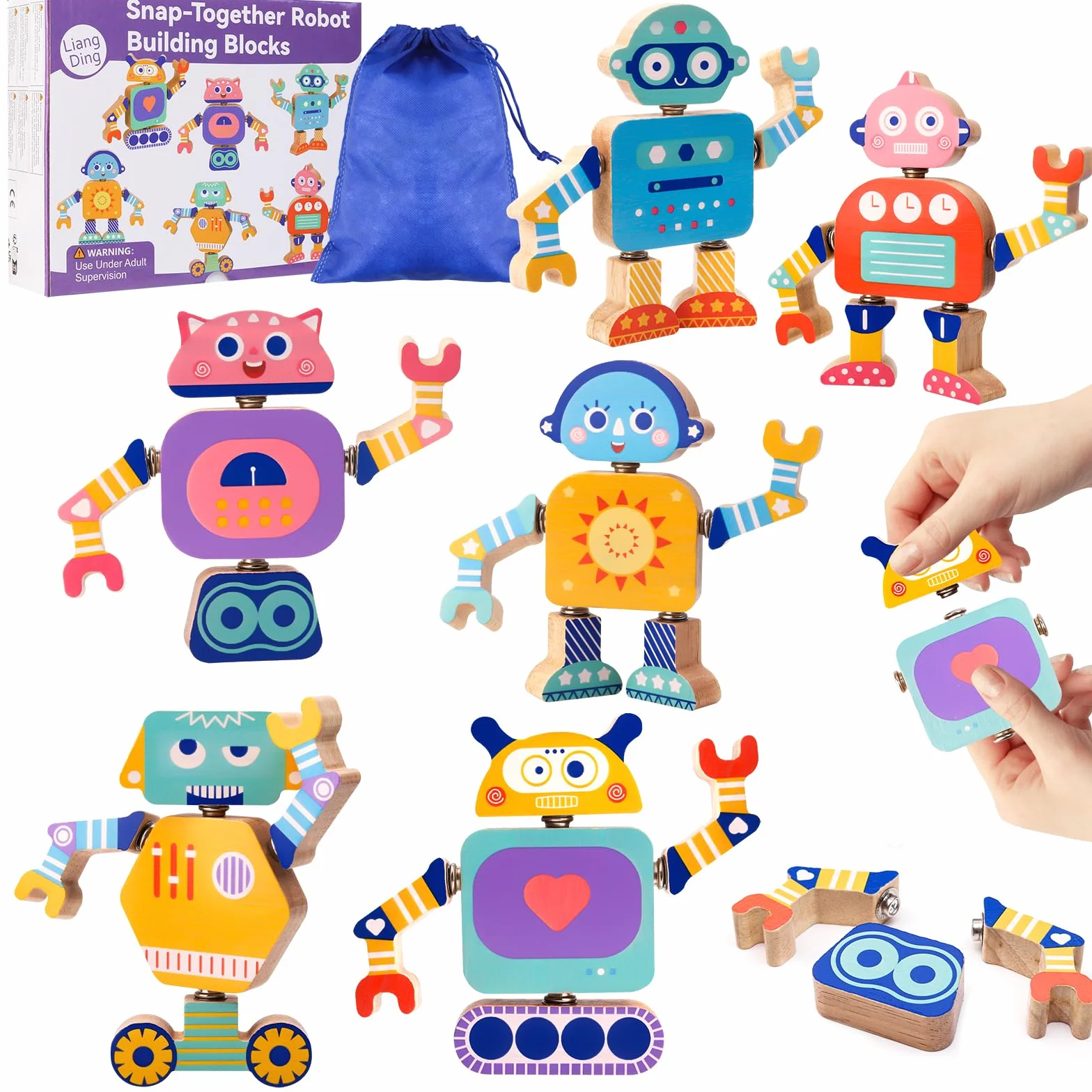 Liangding Drewniane Klocki Roboty do Składania, 33 Elementy, Zabawka Konstrukcyjna Montessori do Budowania i Rozkładania, Ruchome Ręce i Nogi, dla Dzieci od 3 do 6 Lat