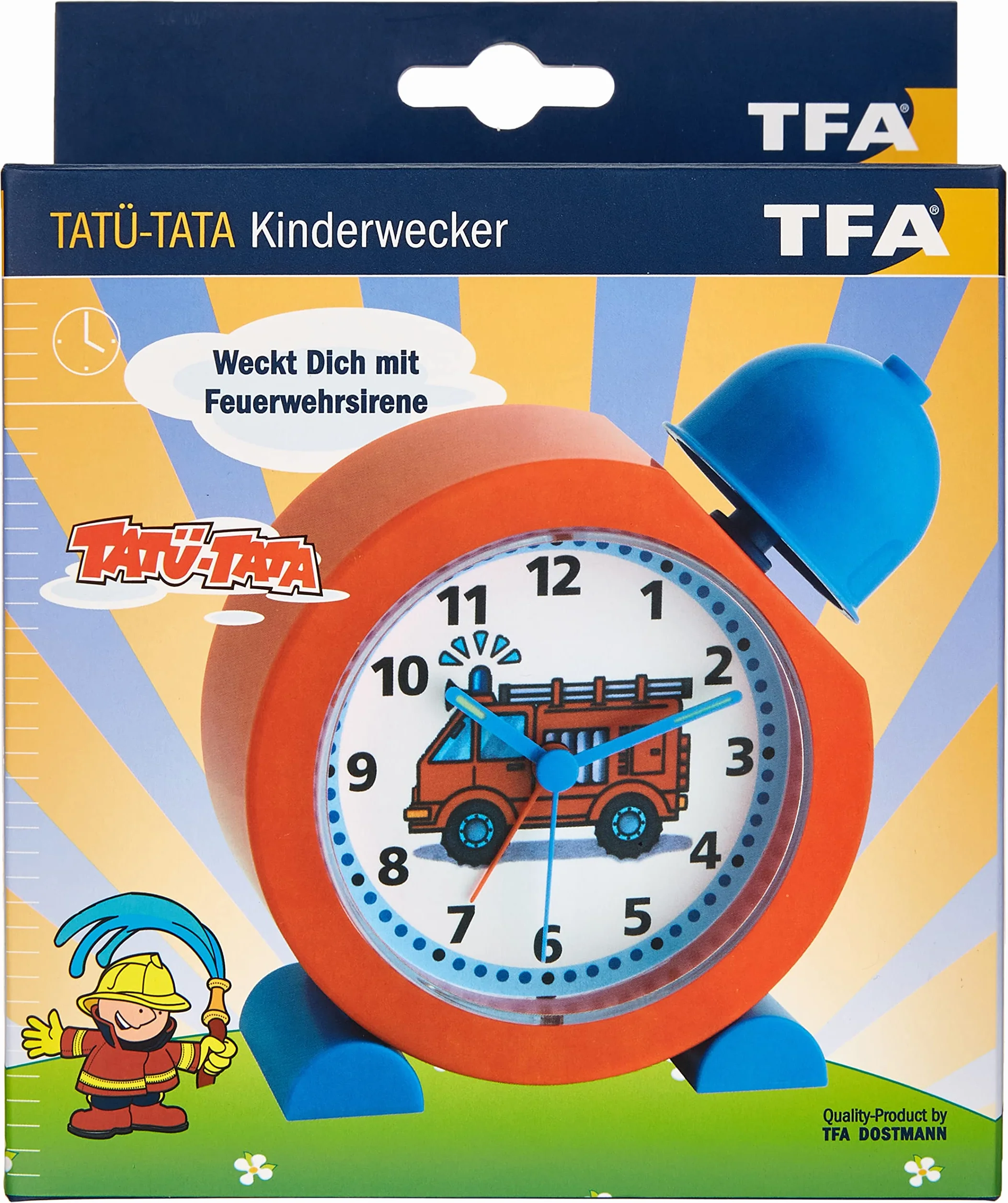 TFA Dostmann Tatü-Tata analogowy budzik dziecięcy Tatüta, 60.1011.05, zegar strażacki, odpowiedni dla dzieci, łatwa obsługa, tworzywo sztuczne, czerwony, dł. 158 x szer. 68 x wys. 173 mm