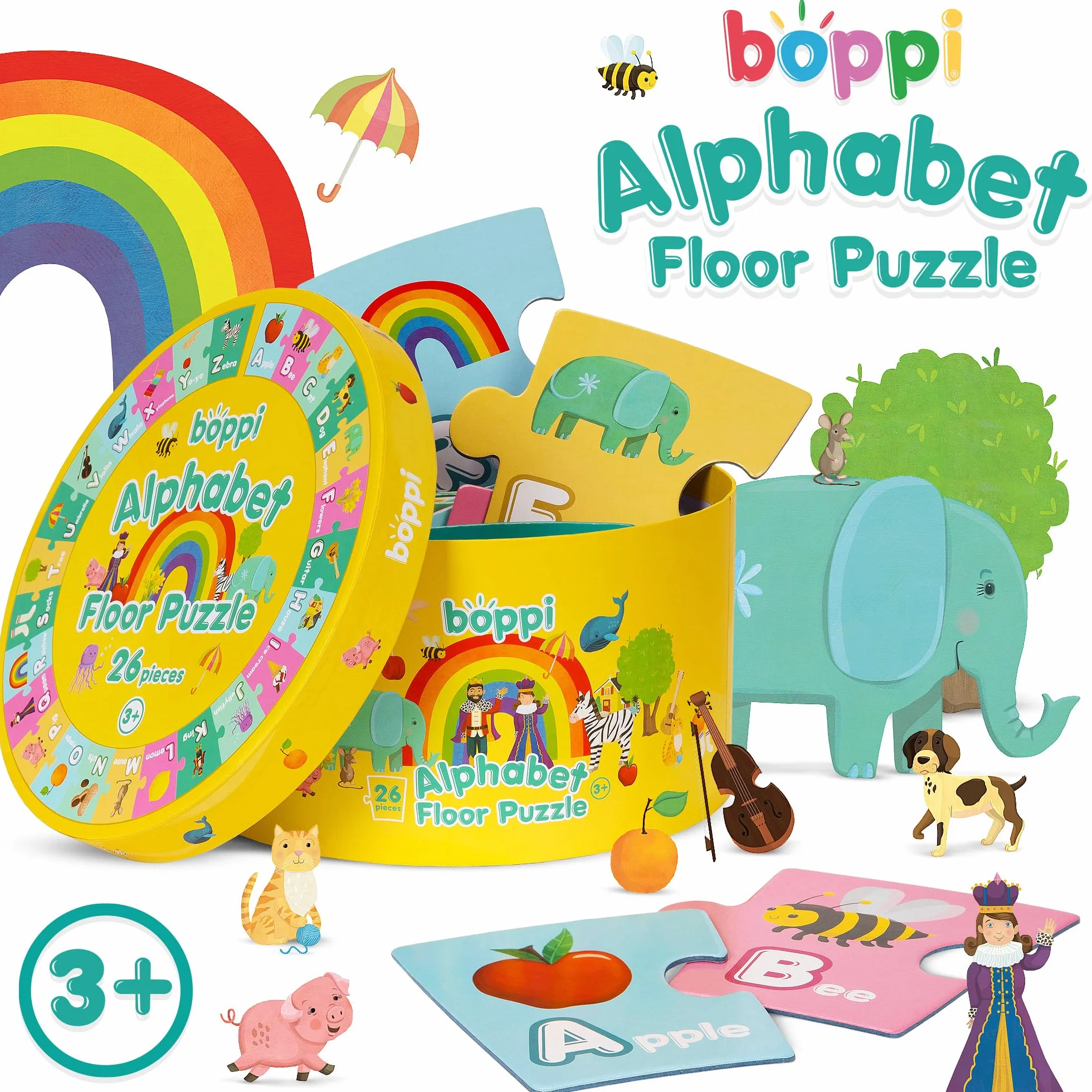 boppi Puzzle z alfabetem - wczesny rozwój umiejętności czytania i pisania dla dzieci w wieku od 3 lat - 26 sztuk puzzli Montessori dla maluchów / karty Flash ABC
