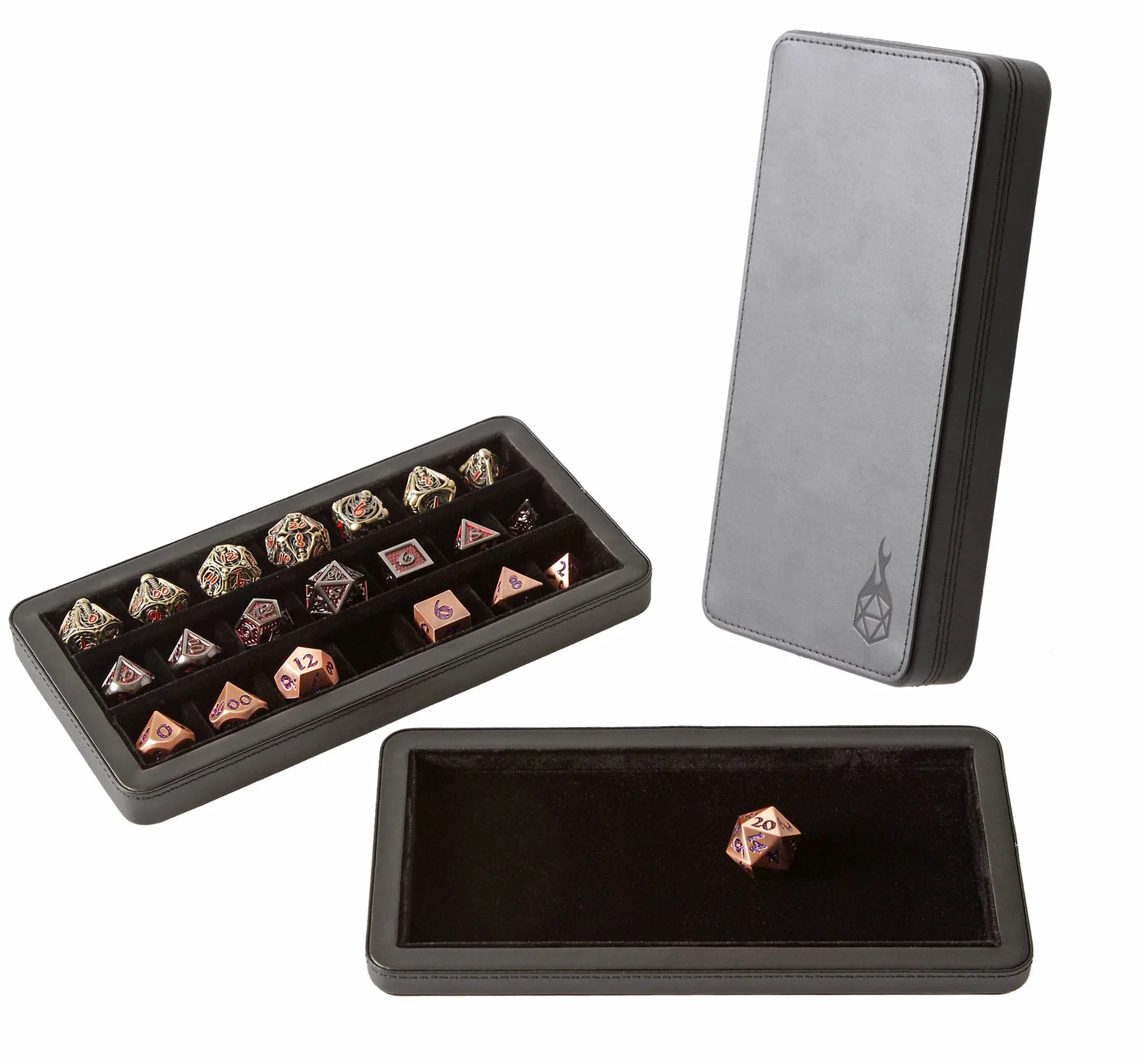 Forged Dice Co. Reliquary Duże podzielone etui na kości z tacą na kości do zestawów kości wielościennych, 21 komór filcowych, magnetyczne zamknięcie pokrywy, metalowe pudełko do przechowywania kości