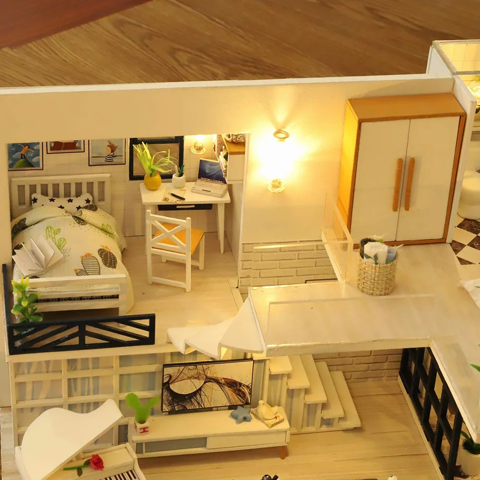 GuDoQi Domek dla lalek "zrób to sam" miniaturowy zestaw, drewniany domek dla lalek 3D, zestaw do montażu z meblami, muzyką i światłem LED, miniaturowe zestawy modelarskie dla kobiet i kolekcjonerów