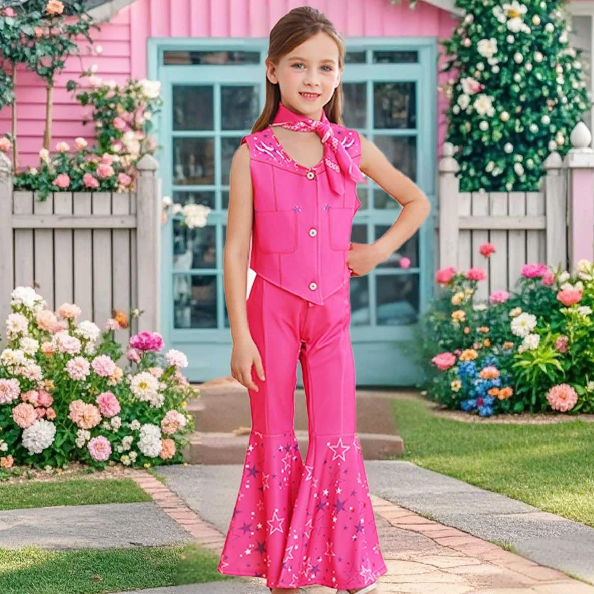 Barbie Dziewczęta Różowy Kowboj Dziewczyna Kostium Zestaw Mundur 70s 80s na Halloween Karnawał Urodziny