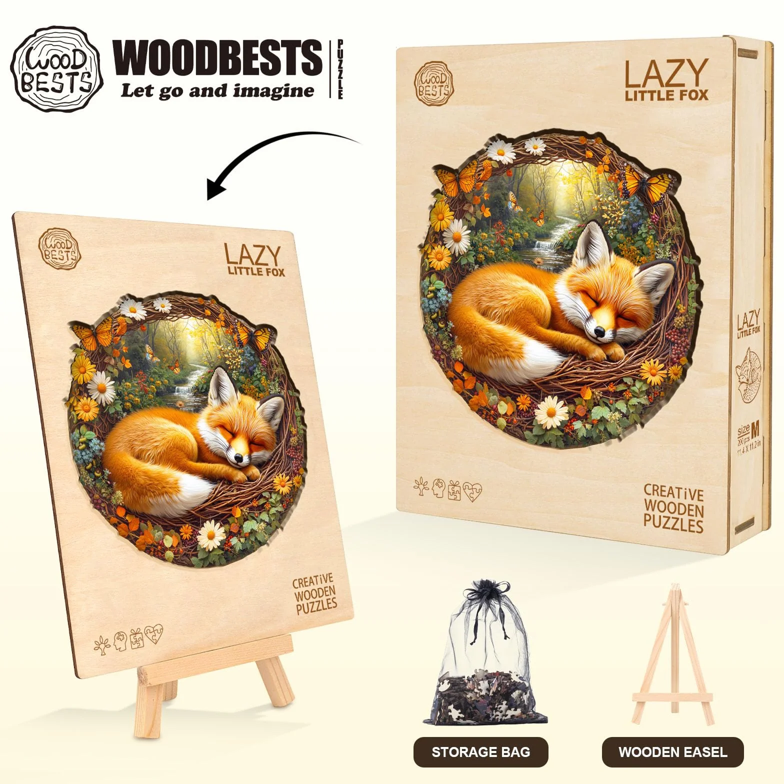 Drewniane puzzle dla dorosłych leniwy mały lis - 200 elementów, okrągłe puzzle, pudełko na prezent, dekoracja ścienna (dorośli/dzieci)