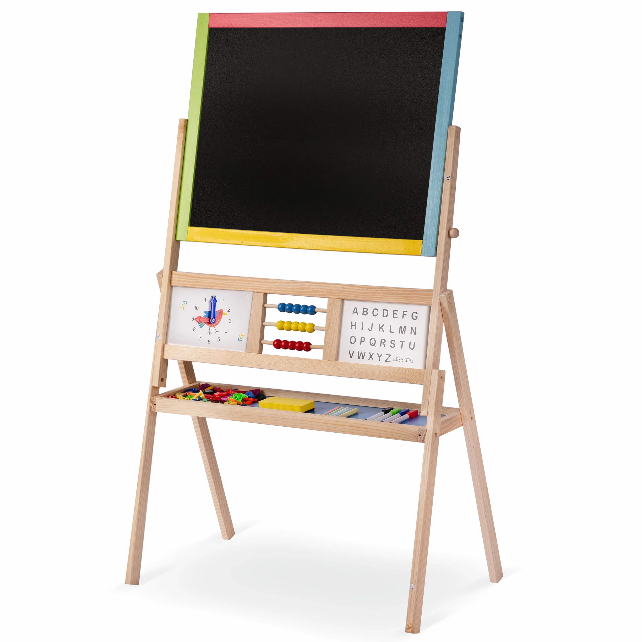 Ricokids Tablica do zabawy dla dzieci, magnetyczna tablica suchościeralna, zegar liczydło i tablica do malowania kredą, tablica dla dzieci, sztaluga z drewna