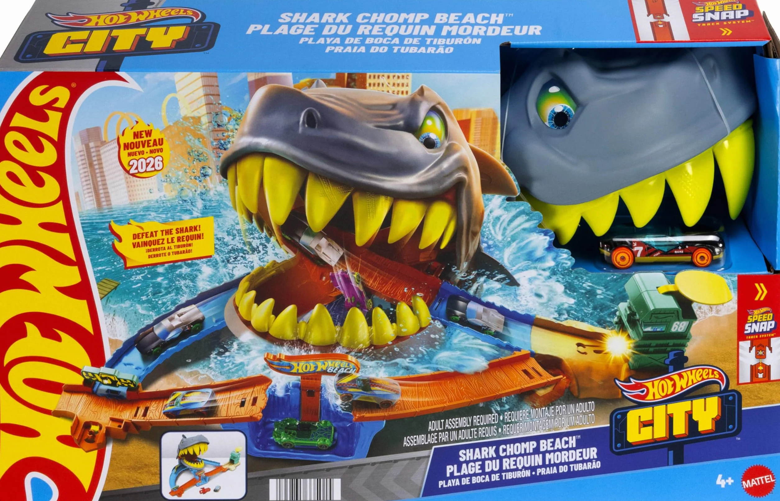 Hot Wheels City Rekin Starcie na plaży Tor Zestaw + metalowy samochodzik w skali 1:64, 2 sposoby zabawy, tor samochodowy, zabawka dla dzieci 4+, JHL96