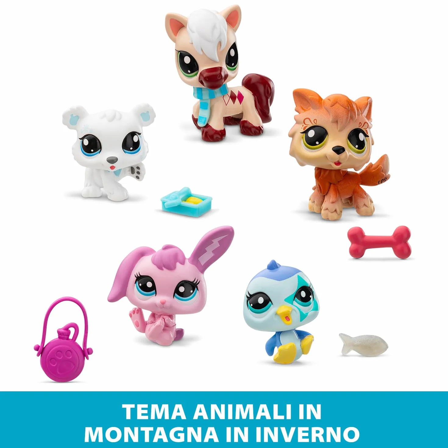 Bandai - Littlest Pet Shop - Zestaw kolekcjonerski Motyw Góry Zima 5 Zwierząt i Akcesoria - Oficjalna licencja Pet Shop - Zestaw zabawek Mini Słodkie Zwierzęta Figurki - Zabawka dla dzieci 4 lata i +