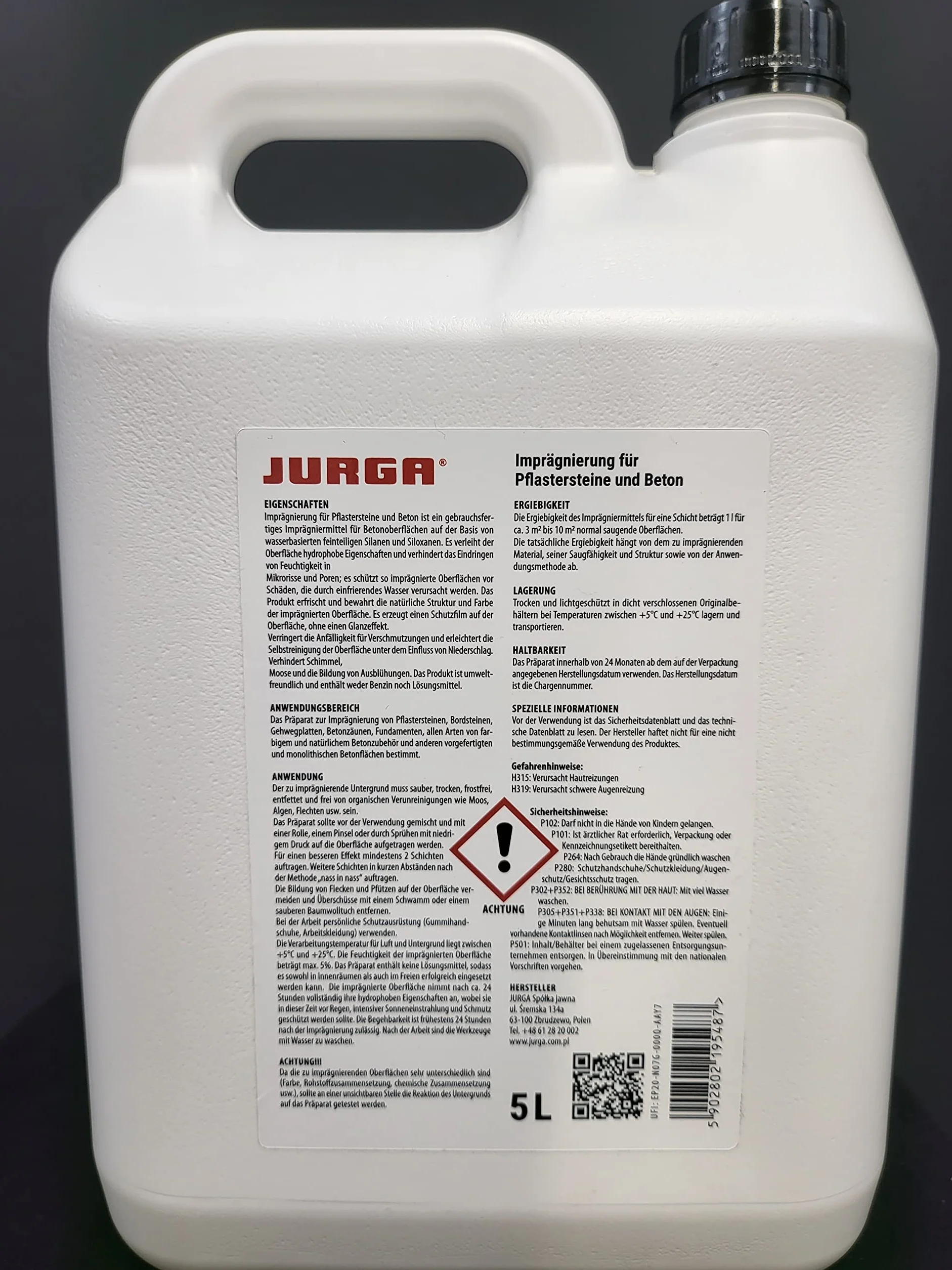 Jurga Proof CR impregnat do bruku i betonu, chroni przed wilgocią i brudem, zapobiega wzrostowi mchu i porostów, zachowuje kolor i strukturę powierzchni 5 l