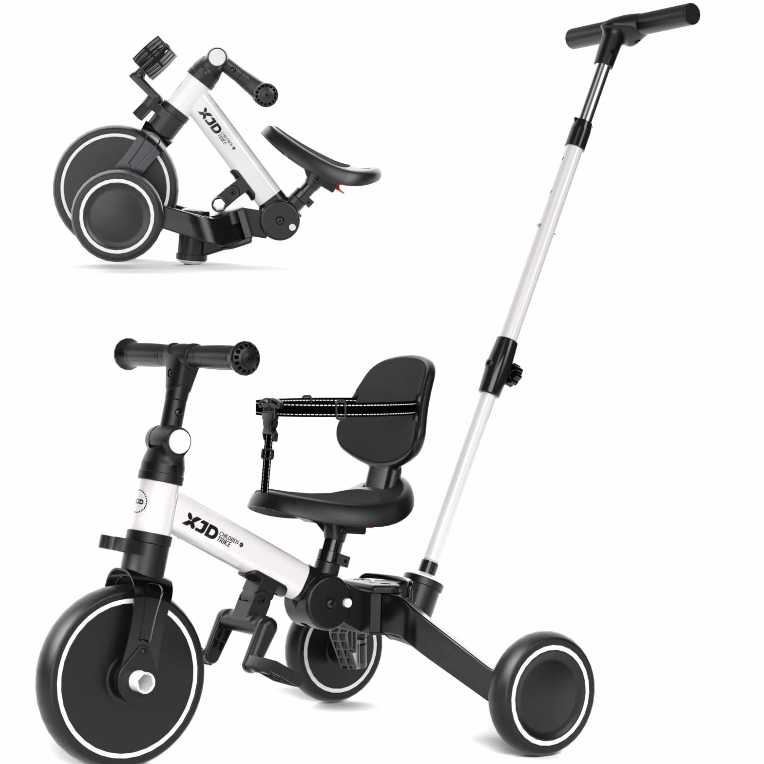 XJD Rower trójkołowy 5 w 1, rower biegowy od 1 roku z drążkiem do pchania dla dzieci od 1-4 lat, rower biegowy ze zdejmowanymi pedałami i regulowanym siedziskiem, rower trójkołowy dla dzieci (biały)