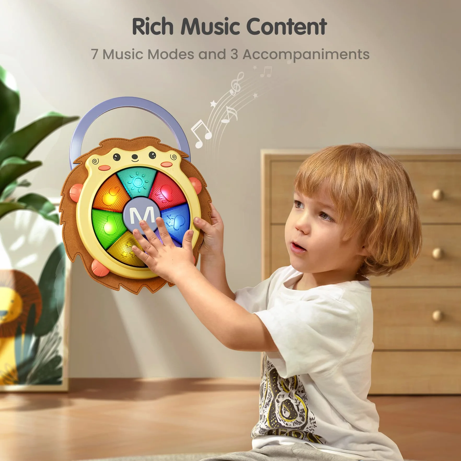 TUMAMA KIDS Muzyczna zabawka bębnowa dla niemowląt, zabawka z bębnem muzycznym z dźwiękiem i światłem, gra na instrumentach muzycznych, zabawki do aktywności sensorycznej (jeż)