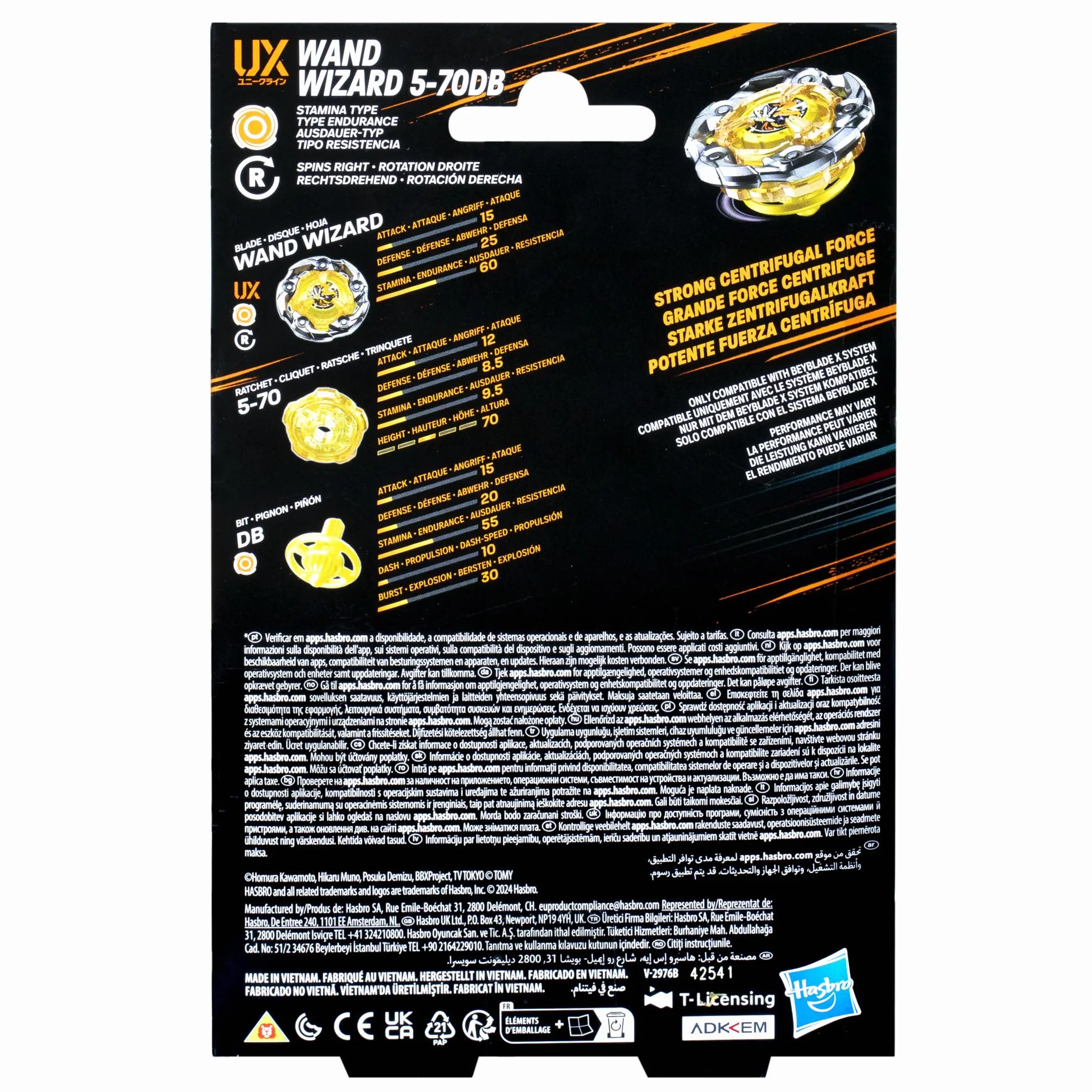 Pakiet startowy Beyblade X Wand Wizard 5-70DB UX, bączek i wyrzutnia