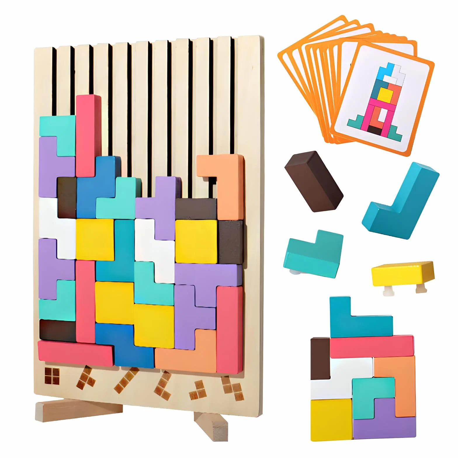 Drewniane puzzle Tetrs, zabawki edukacyjne, Montessori Games 3 4 5 6 lat, inteligencja układanka, zabawka do mózgu, kolorowe geometryczne bloki tetrs, prezent dla dziecka