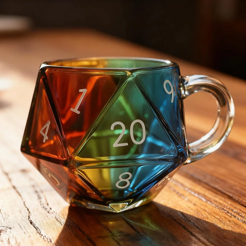 D20 kubek na kości - 20-stronny tęczowy wielościenny kubek z uchwytem dla fanów gier fabularnych i fantasy, prezent na wieczór gier