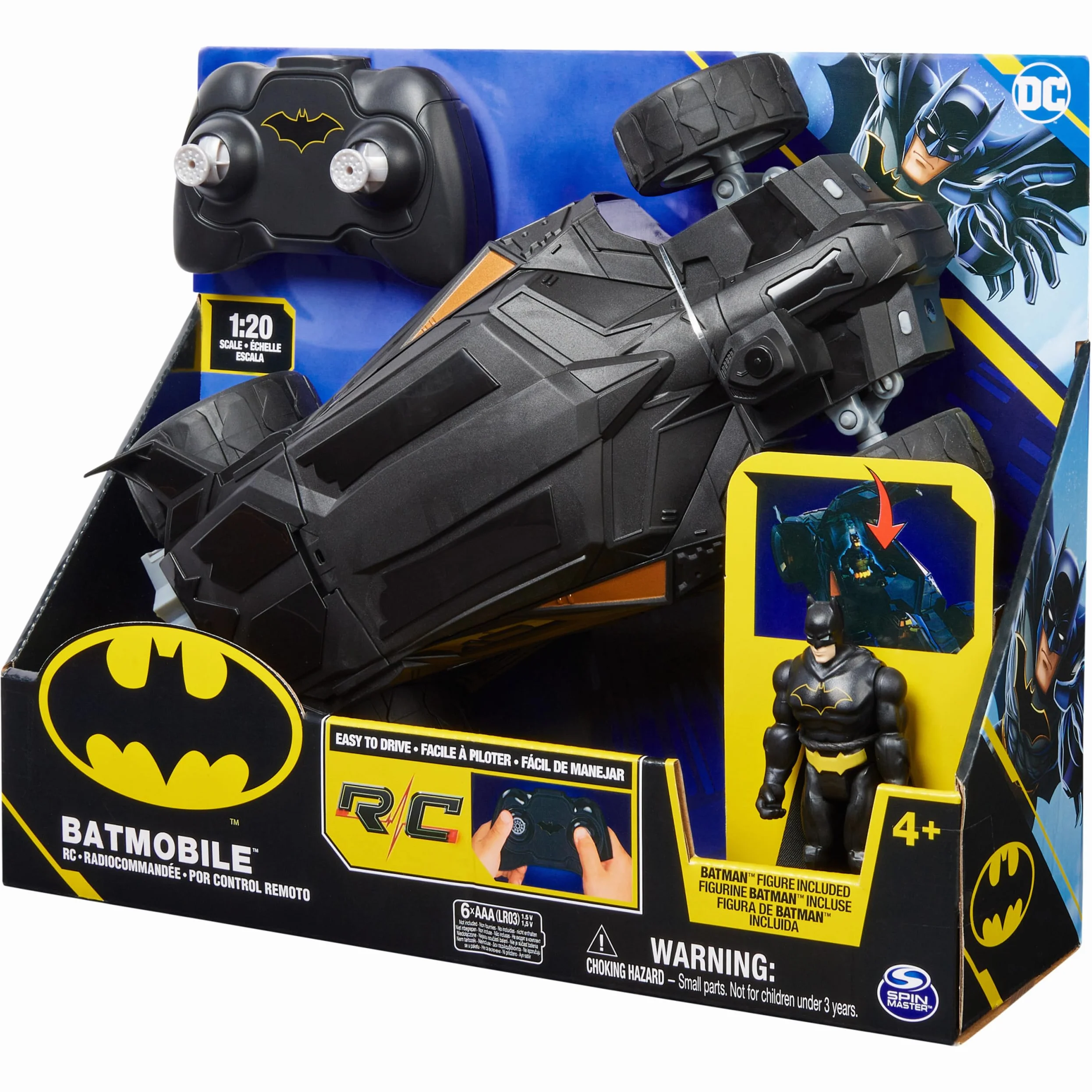 Spin Master - Batman Batmobile z pilotem zdalnego sterowania (2,4 GHz), łatwy do jazdy, kompatybilny z figurkami Batmana 10 cm, z figurką Batmana, skala 1:20, od 4 lat