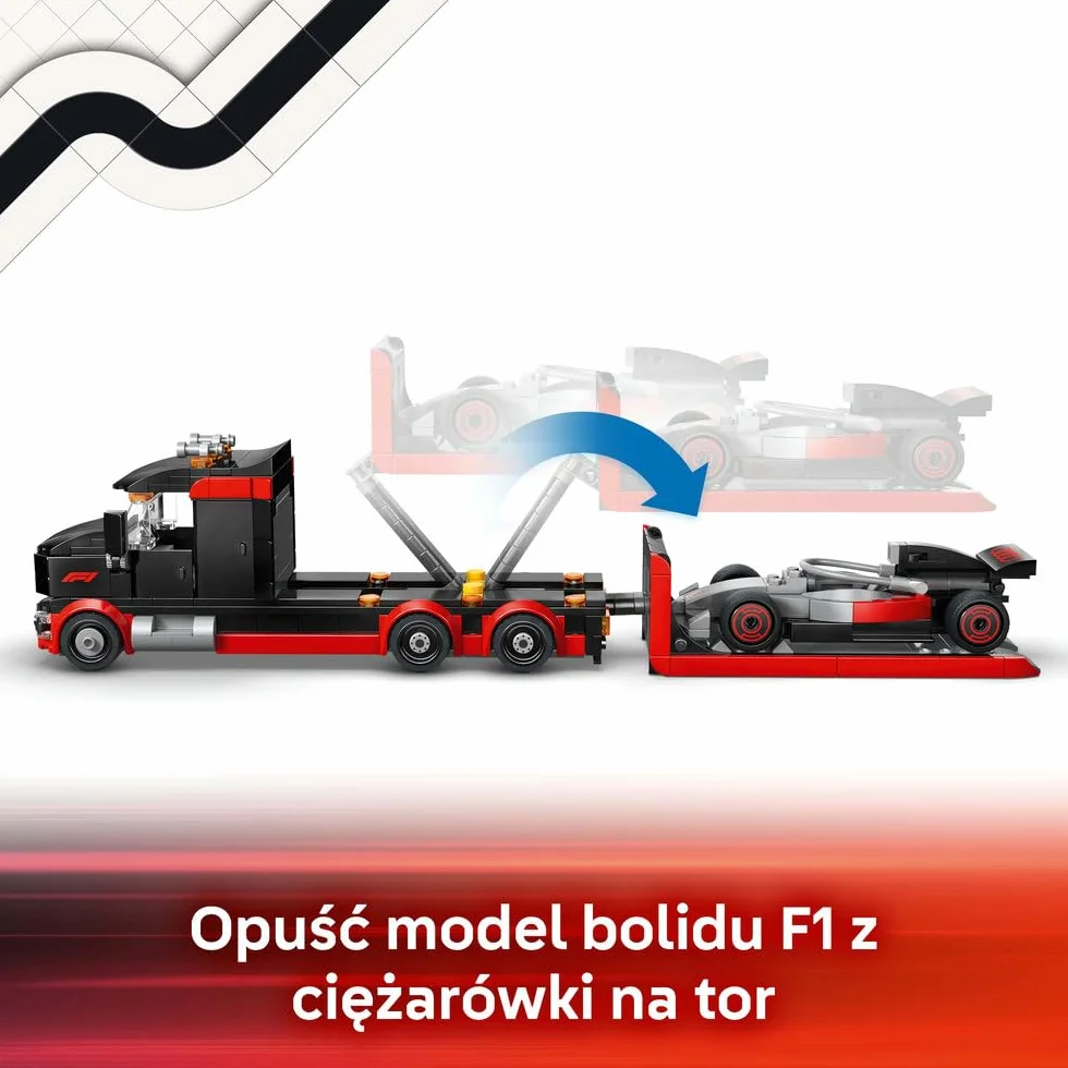 LEGO City Ciężarówka F1 z bolidem Audi F1, zabawka dla dzieci do zbudowania, pomysł na prezent dla 7-latka, dla chłopca i dziewczynki na urodziny, ozdoba na biurko dla fana wyścigówki z klocków 60493