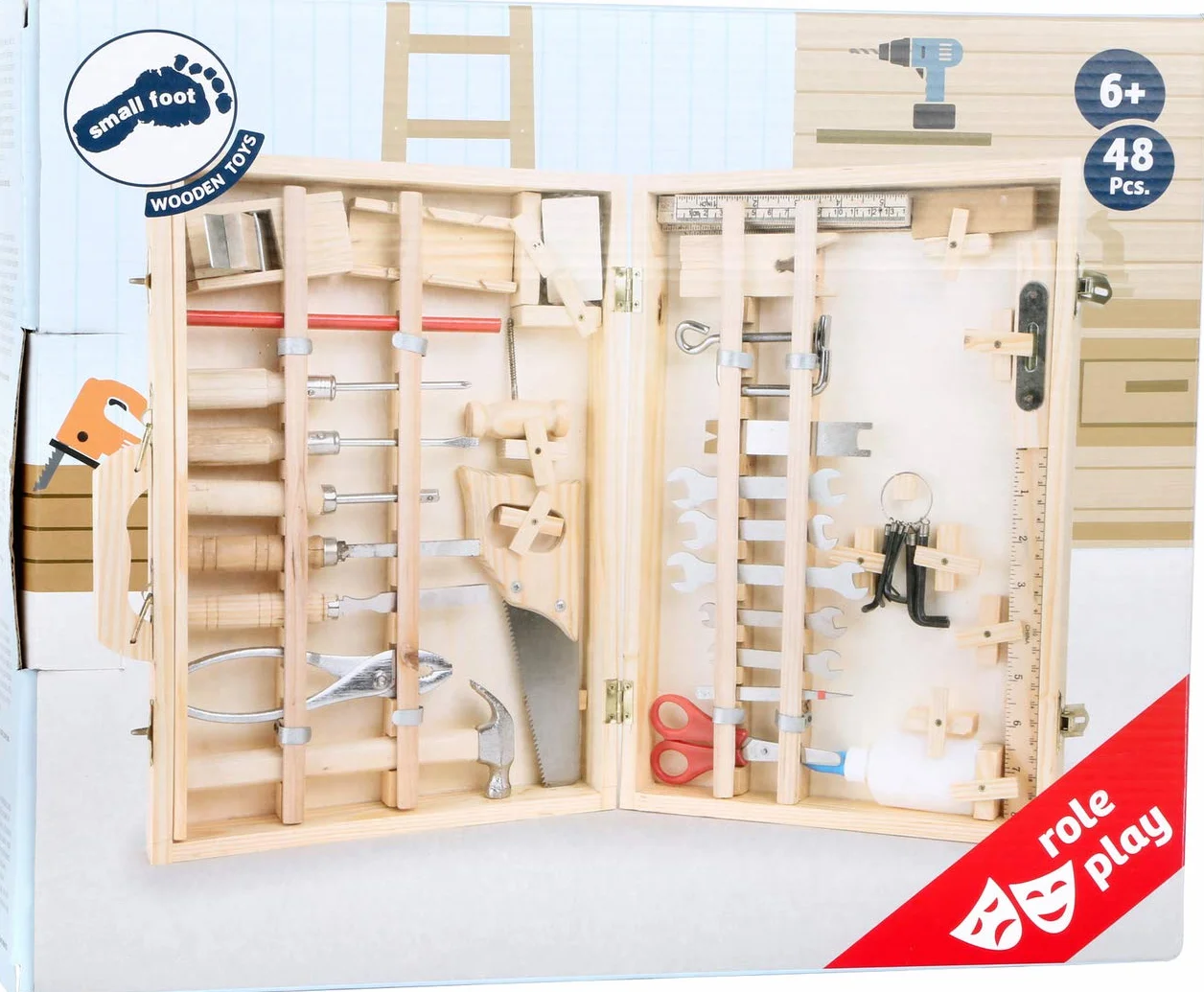Small Foot Walizka narzędziowa Deluxe z drewna, z akcesoriami, takimi jak młotek, piła, strug i wiele więcej, od 6 lat, 2241 Toys, 37 x 29 x 8,5 cm