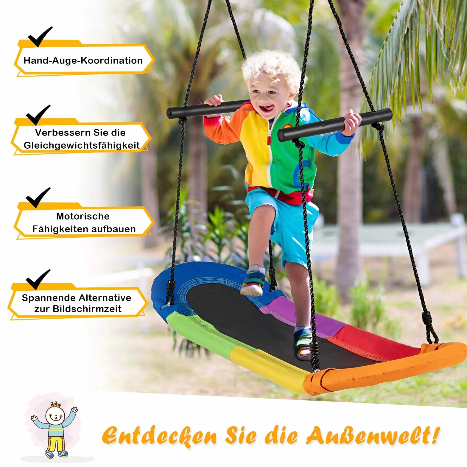 FANTASK Huśtawka gniazdowa owalna, deskorolka z uchwytami, huśtawka wielodziecięca, huśtawka ogrodowa dla dzieci i dorosłych (kolorowa)