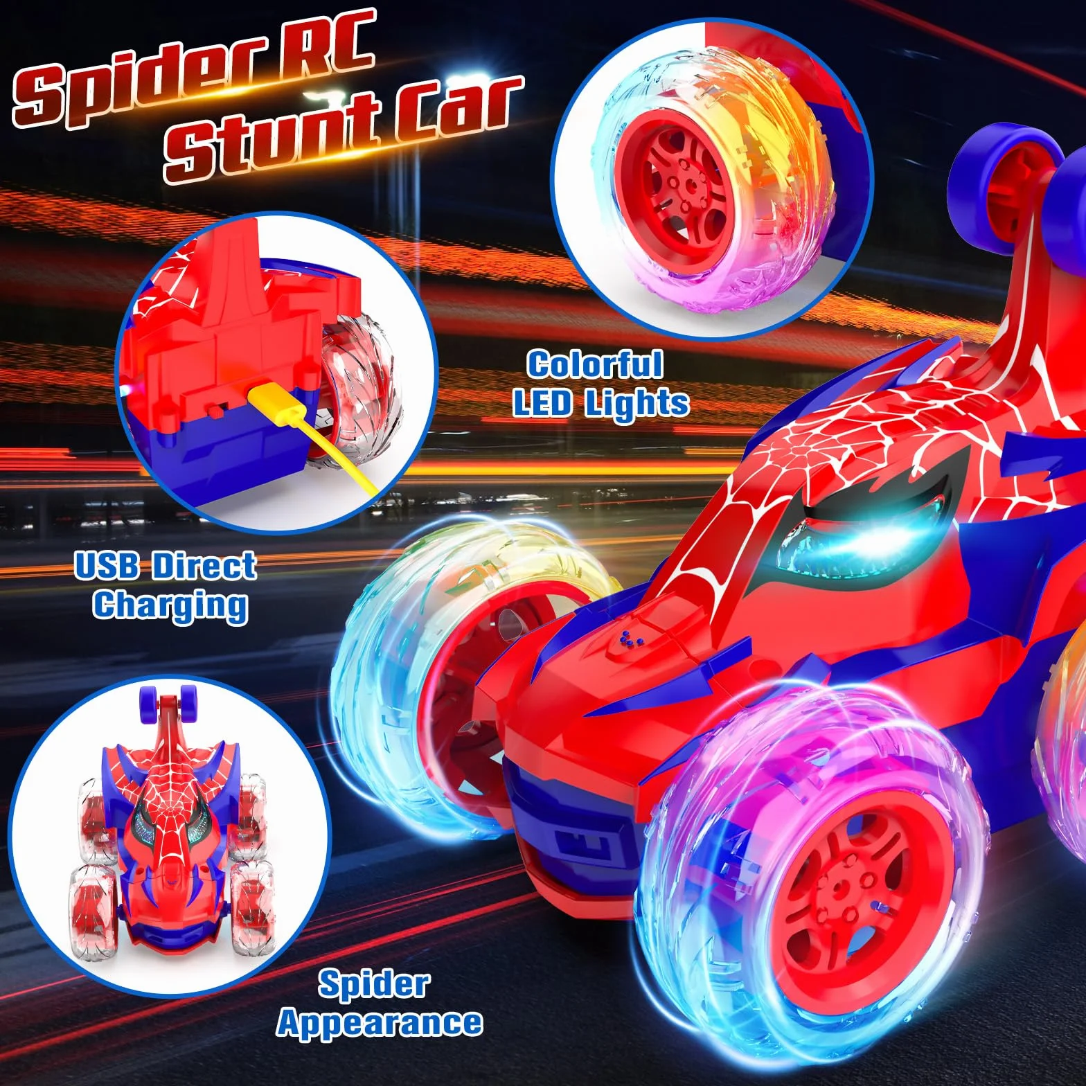 Samochód zdalnie sterowany pająk, sterowanie radiowe 2,4 GHz Monster Truck ze światłami RC samochody zabawki 3 4 5 6 7 8 9 10 lat, zdalnie sterowany samochód 360° urodziny dzieci prezenty świąteczne