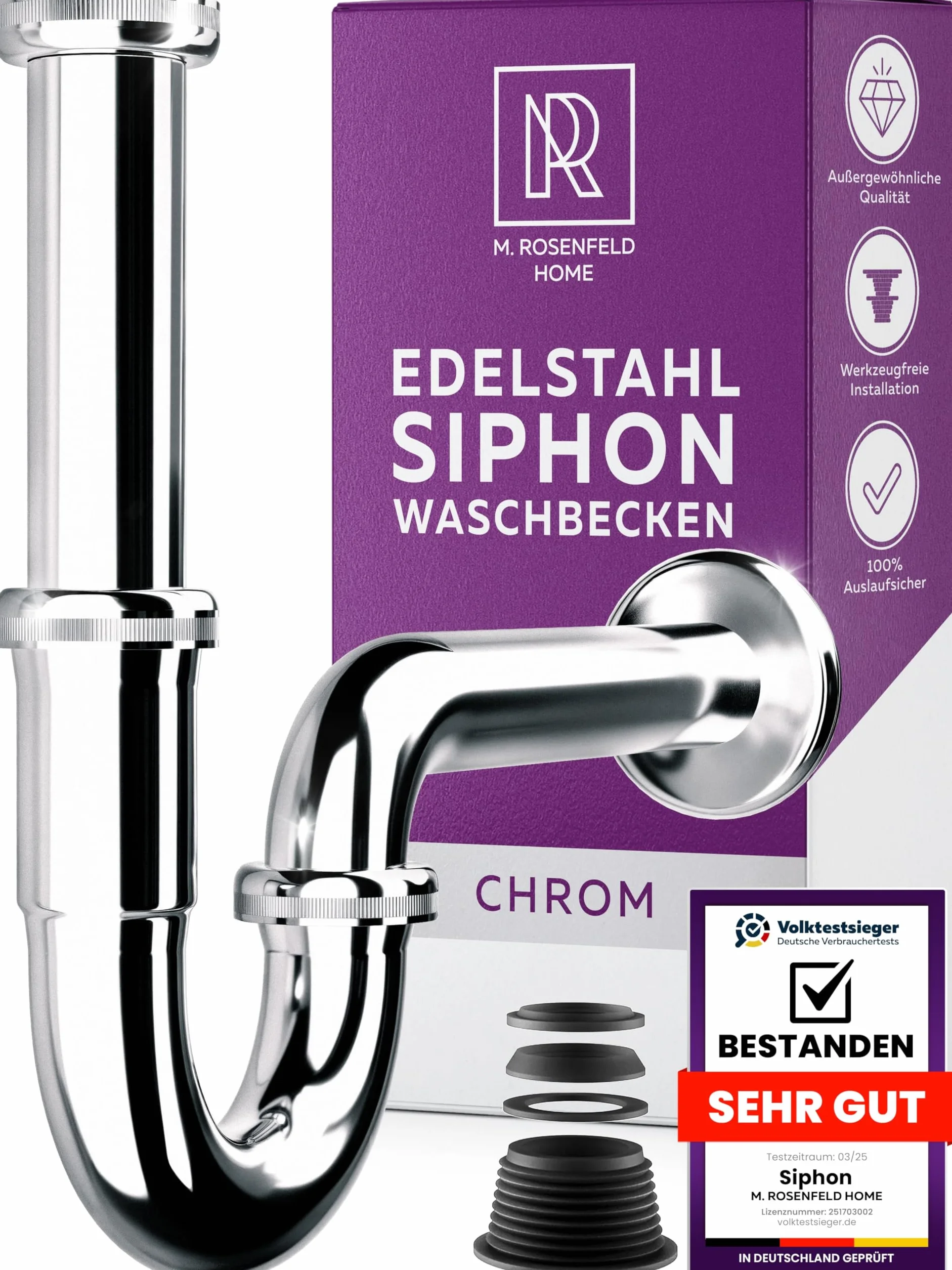 M. ROSENFELD HOME Syfon do umywalki – stal nierdzewna Rura odpływowa do umywalki Rura zanurzeniowa 4-8,5 cm – blokada zapachu – syfon rurowy 1 1/4 cala – komplet z uszczelkami i rozetką