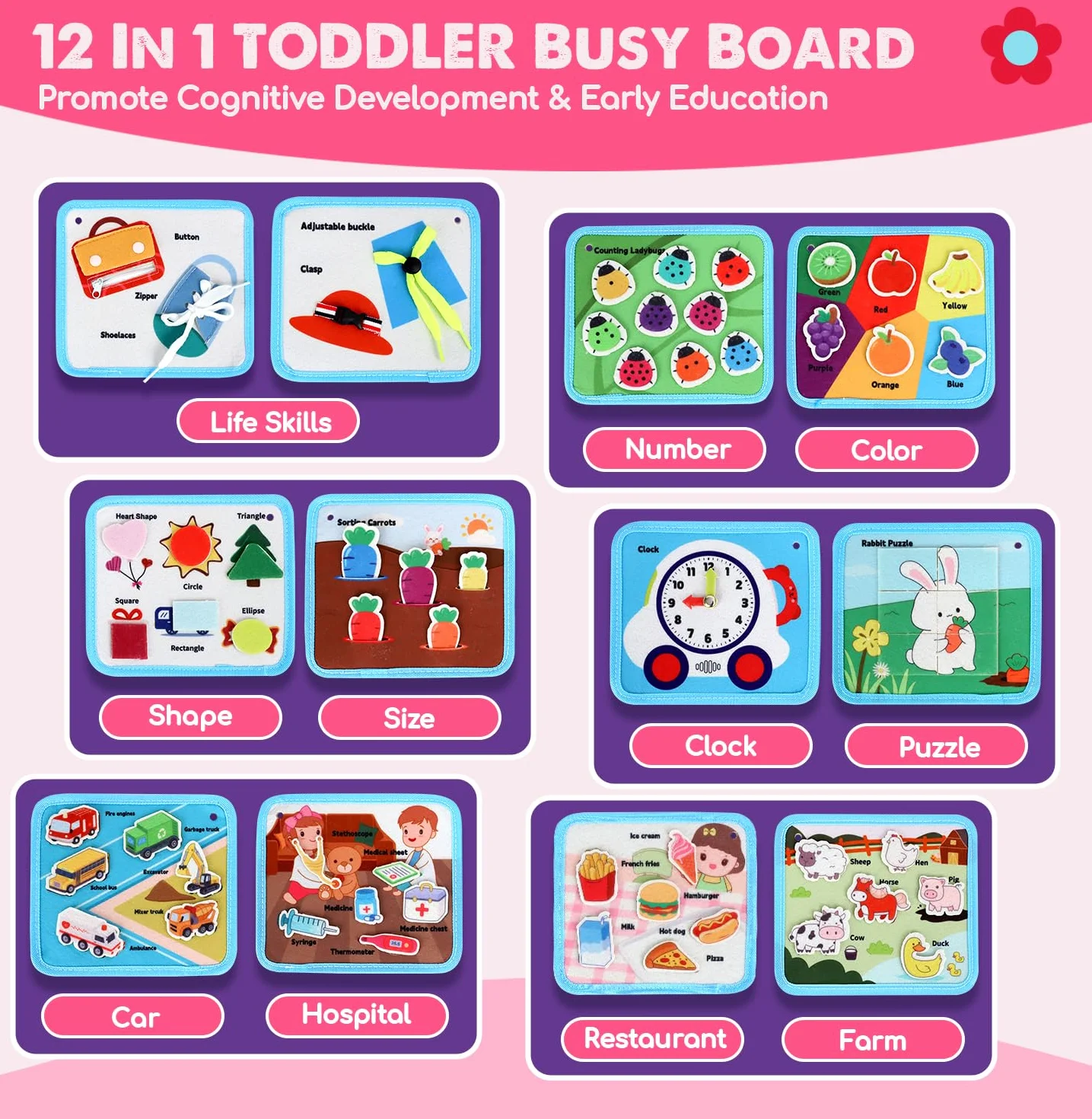 Lehoo Castle Busy Board Montessori zabawka dla dzieci od 1, 2, 3 lat, zabawka motoryczna, 12 w 1, Busy Quiet Book, prezent dla chłopców i dziewczynek, zabawka edukacyjna, deska motoryczna do podróży,