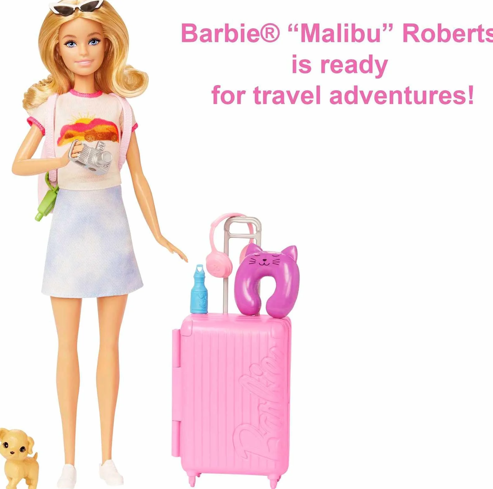 Barbie Malibu w podróży; Zestaw podróżny z lalką Barbie „Malibu” Roberts, pieskiem i ponad 10 akcesoriami, w tym otwieraną walizką, HJY18