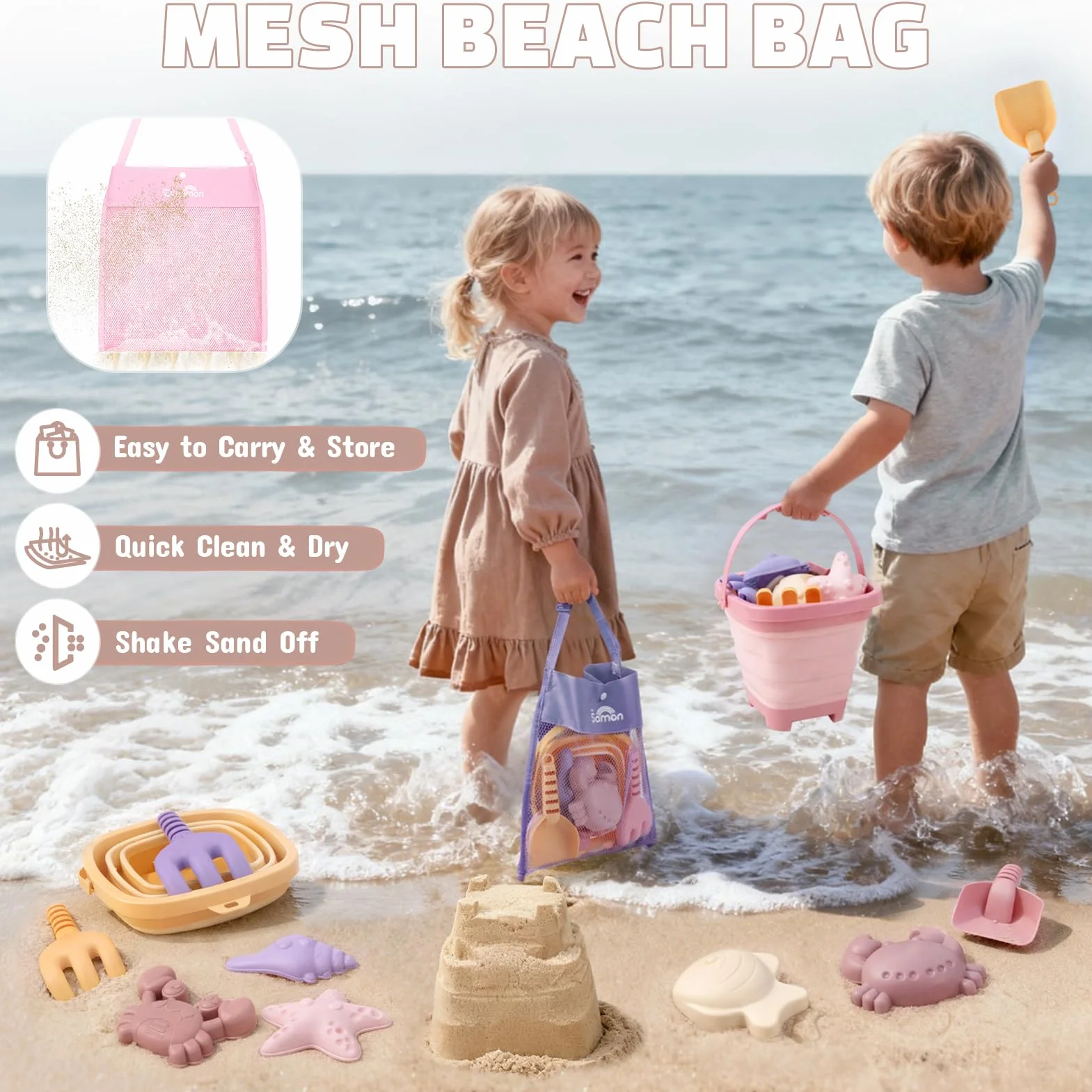 Dreamon Zabawka do piasku, zabawka plażowa, dla dzieci, 18 sztuk, zabawka podróżna ze składanym wiadrem, piaskownica, zabawka na plażę, dla dzieci od 1, 2, 3, 4, 5 lat, dla dziewczynek i chłopców