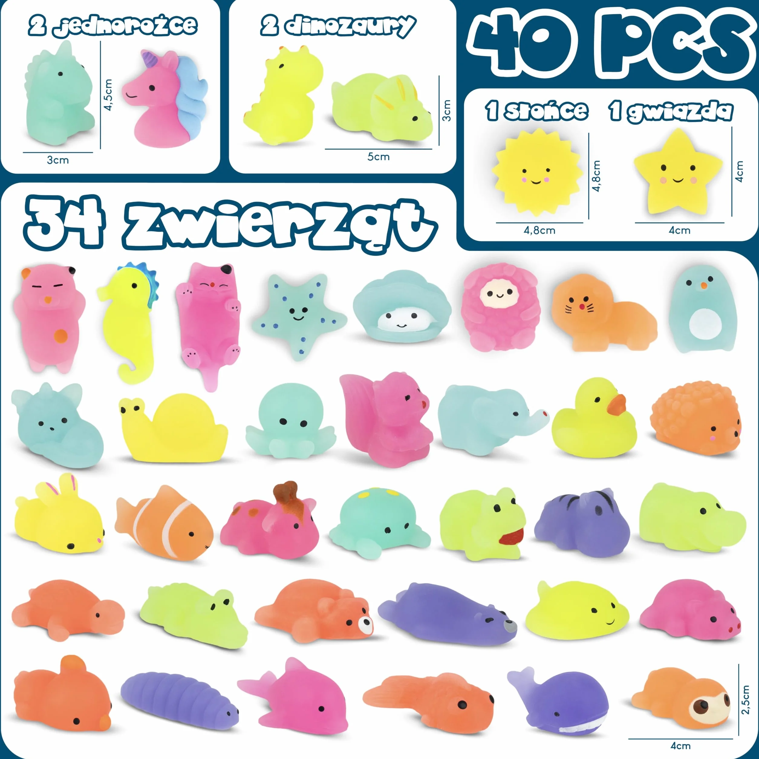 BONNYCO Zabawki Mochi Squishy do Toreb na Prezenty Pakiet 40. Upominki na Przyjęcia Świecą w Ciemności, Wypełniacze Torebek dla Dzieci Unisex. Zabawki Squishy Fidget, Wypełniacz Piniaty Kawaii