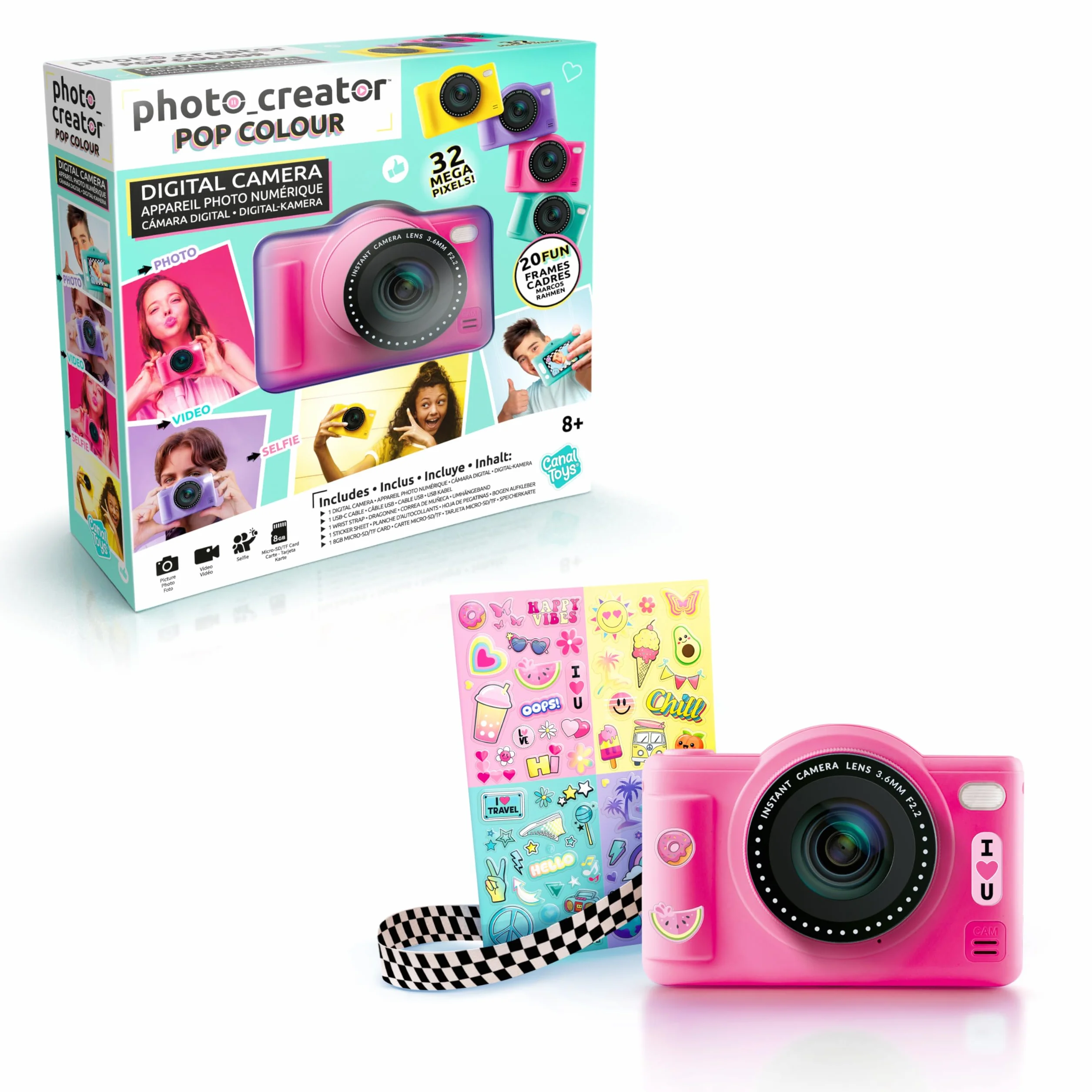 Canal Toys Aparat cyfrowy dla dzieci z dwoma obiektywami, mały różowy kompaktowy aparat z trybem selfie dla 8+ lat - 32 megapiksele, ekran LCD, 20 ramek i 5 filtrów, karta SD 4 GB w zestawie