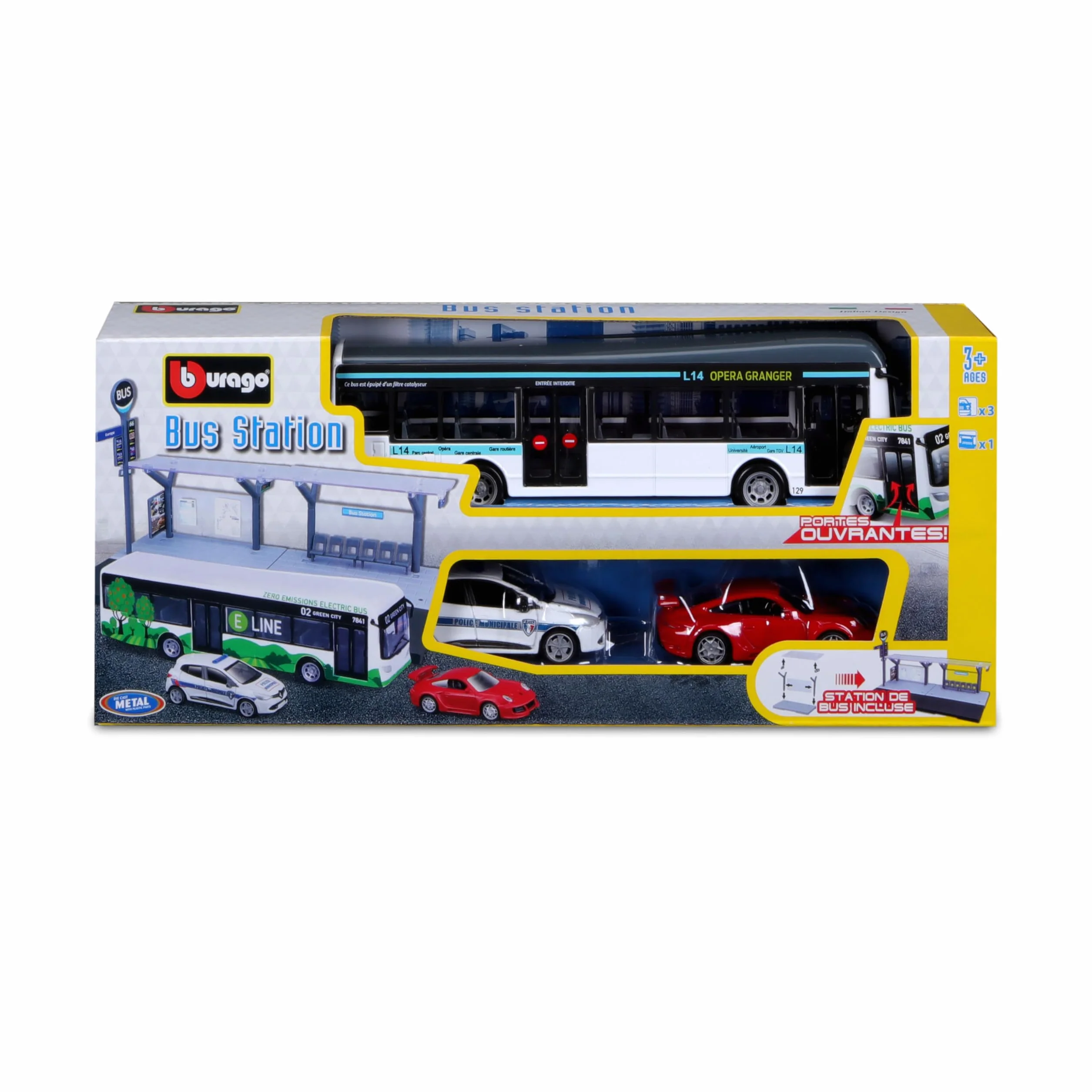 Bburago - Playset Public Transport w skali 1/64 - autobus, tramwaj, stacja + 2 pojazdy - Zabawka edukacyjna dla dzieci - modele losowe - Rozwija wyobraźnię i kreatywność