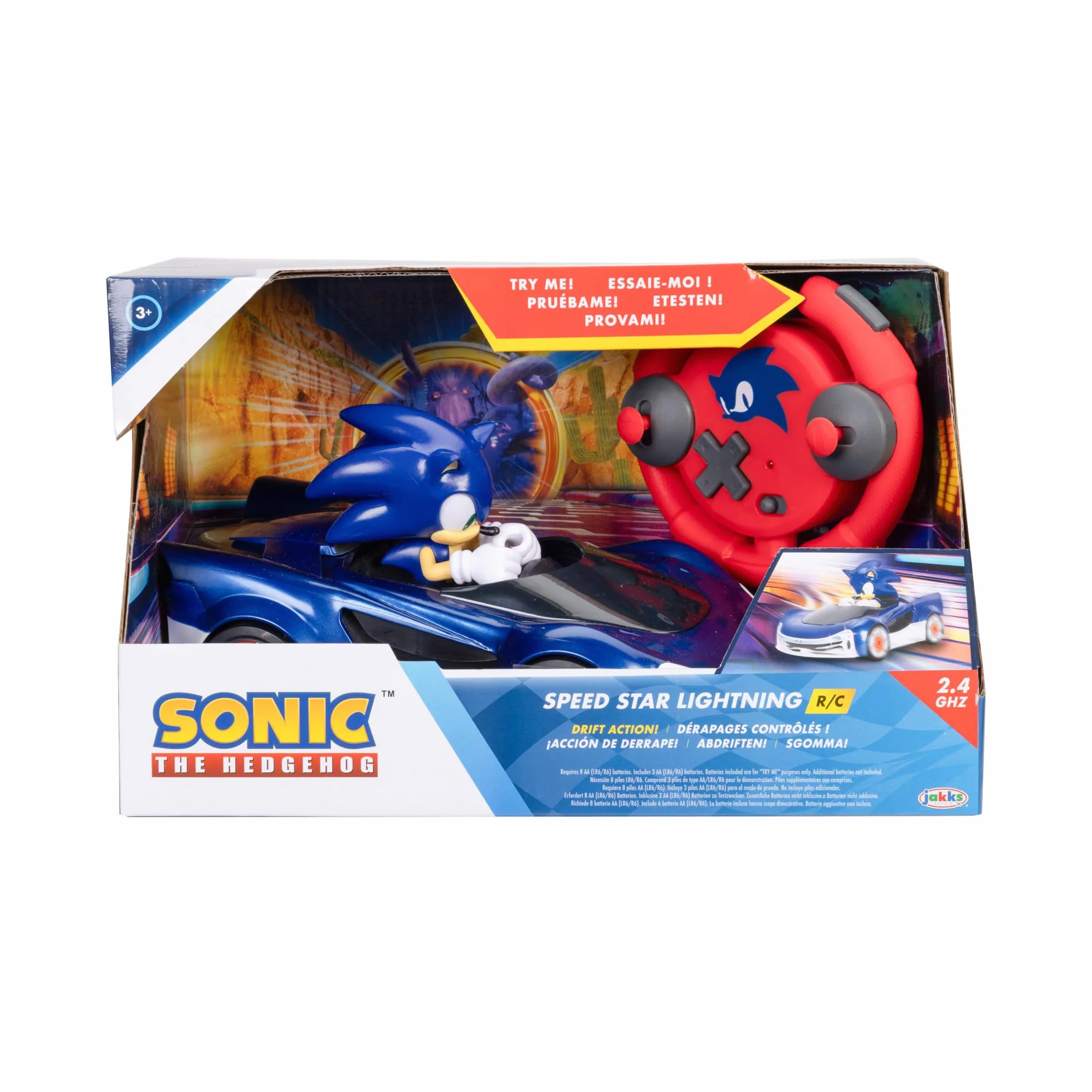 Sonic the Hedgehog Speed Star Lightning Drifting RC Oficjalnie licencjonowany przez Jakks Pacific - Zdalnie sterowane samochody z podświetlanymi kołami, gra interaktywna z czerwonym pilotem na baterie