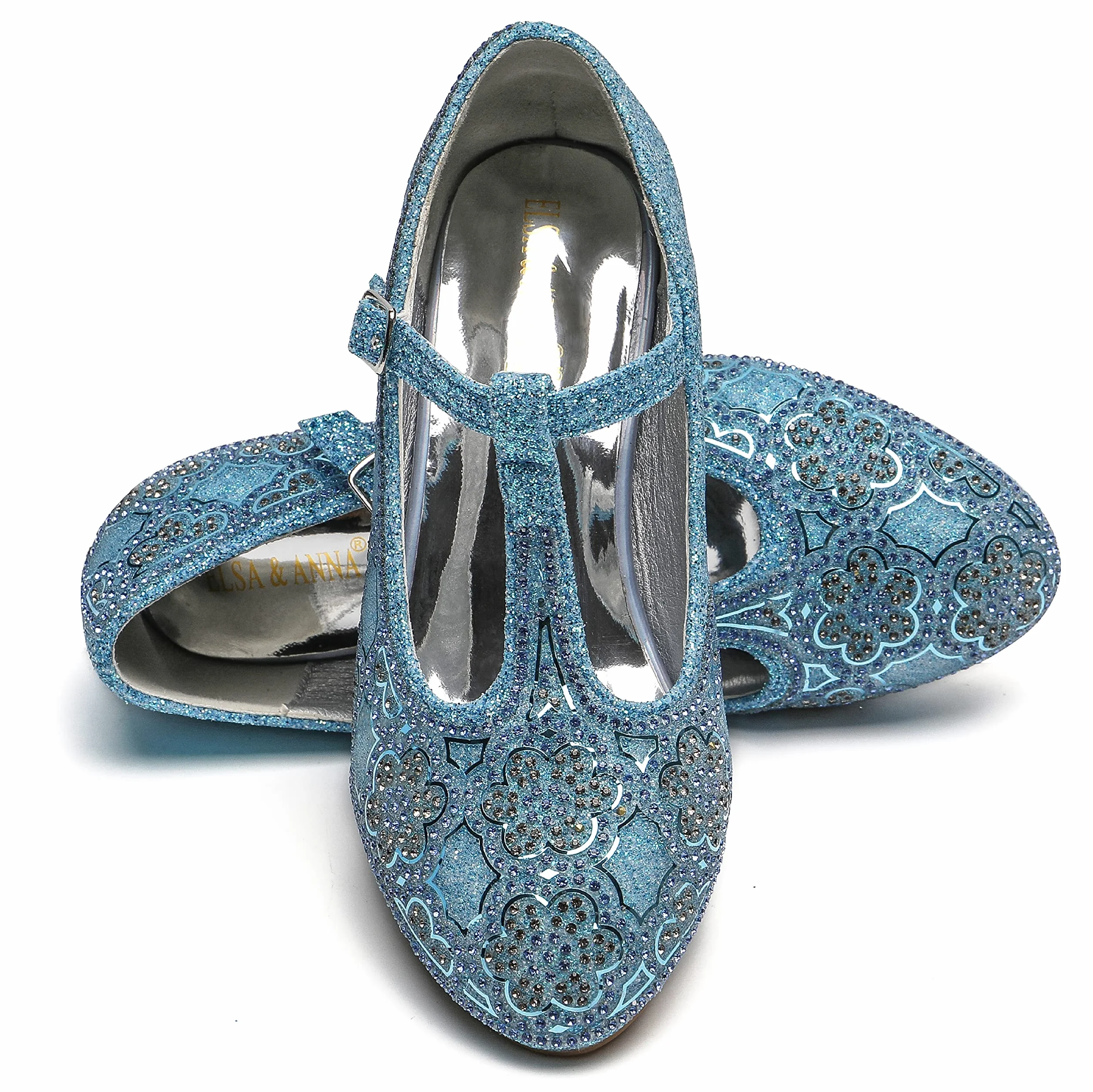 ELSA & ANNA Buty dla księżniczki Snow Queen – 3 cm buty do przebrania księżniczki na obcasie, błyszczące i kryształowe, fantazyjne buty do przebrania Elsy na imprezy i urodziny, cosplay, dla dzieci, wysokie obcasy (SIL21)