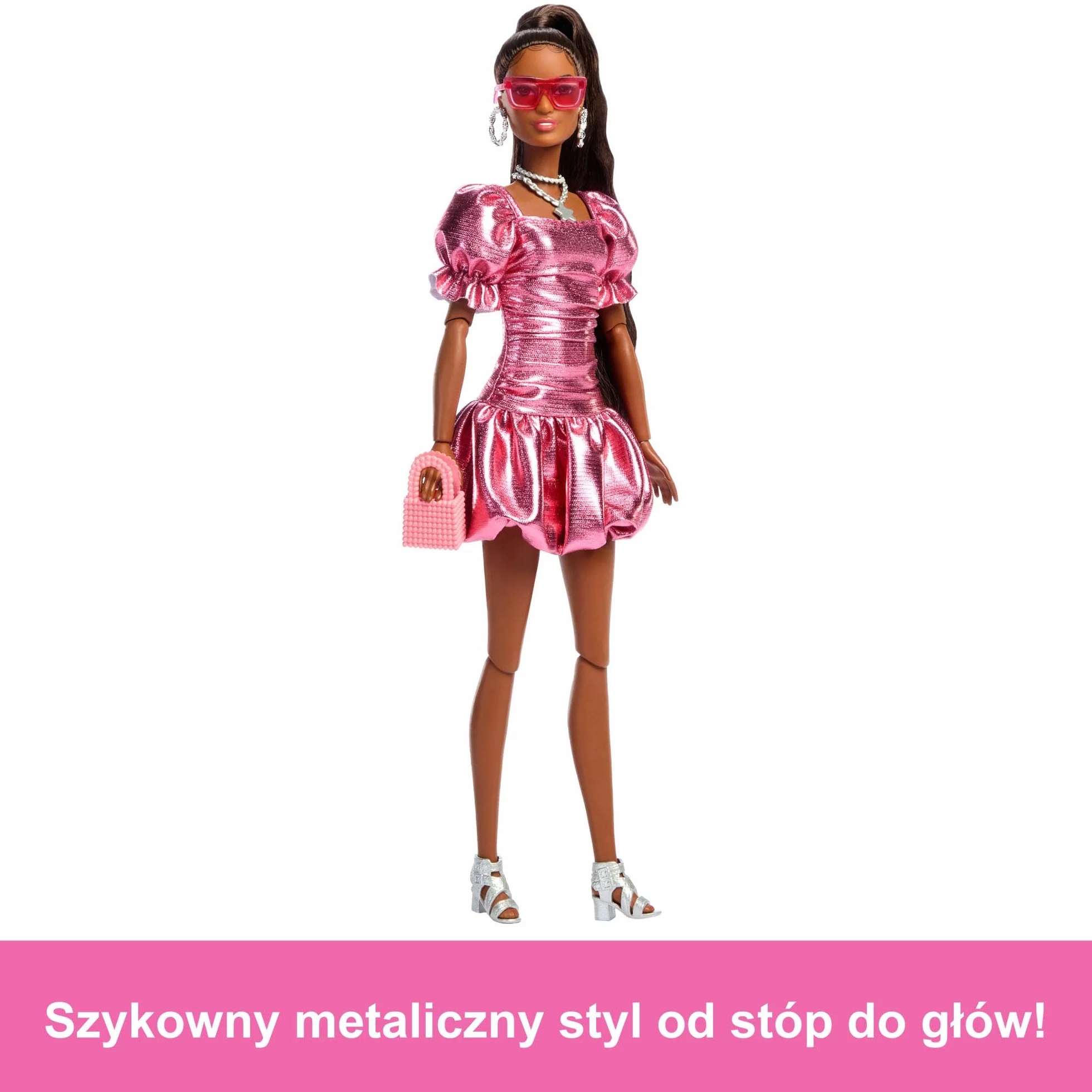 Barbie Deluxe Style Lalka modowa #6 z czarnymi włosami w kitkę, w metalicznej koralowej sukience, z akcesoriami, w tym okularami przeciwsłonecznymi, biżuterią i torebką, zabawka dla dzieci, JFP41