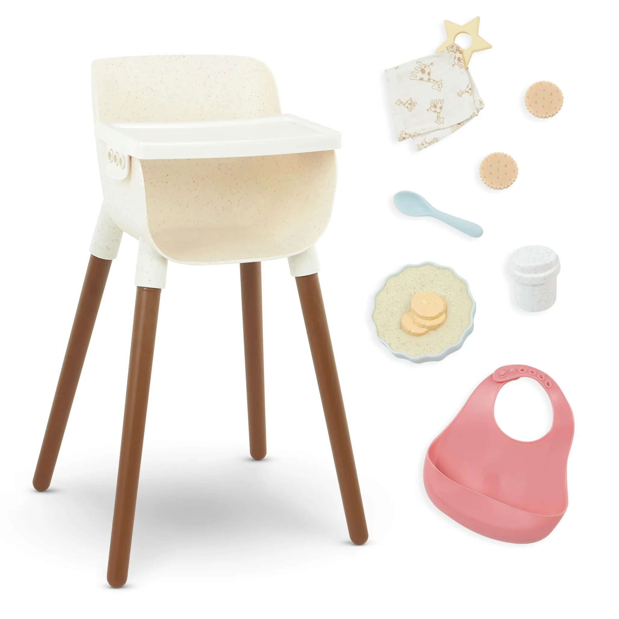 LullaBaby LBY7679C1Z wysokie krzesełko dla lalek, 36 cm, wysokie krzesełko i akcesoria – śliniaczek, jedzenie, łyżka, kubek, ściereczka do plucia – akcesoria dla lalek dla niemowląt – zabawka dla