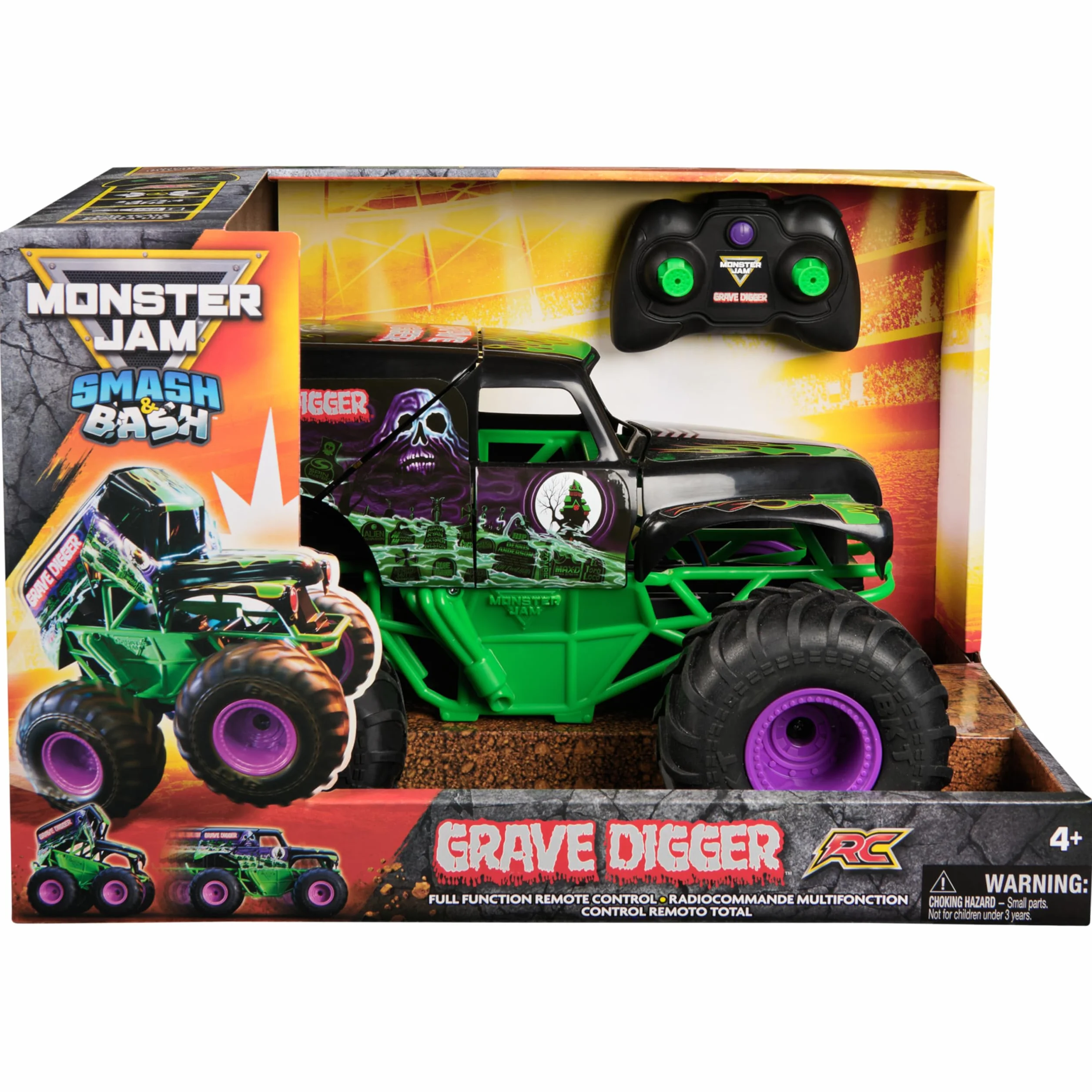 Monster Jam - Smash 'n Bash Grave Digger, zdalnie sterowana monster truck, która odkształca się podczas awarii i naprawia ponownie za naciśnięciem jednego przycisku, sterowanie 2,4 GHz, od 4 lat