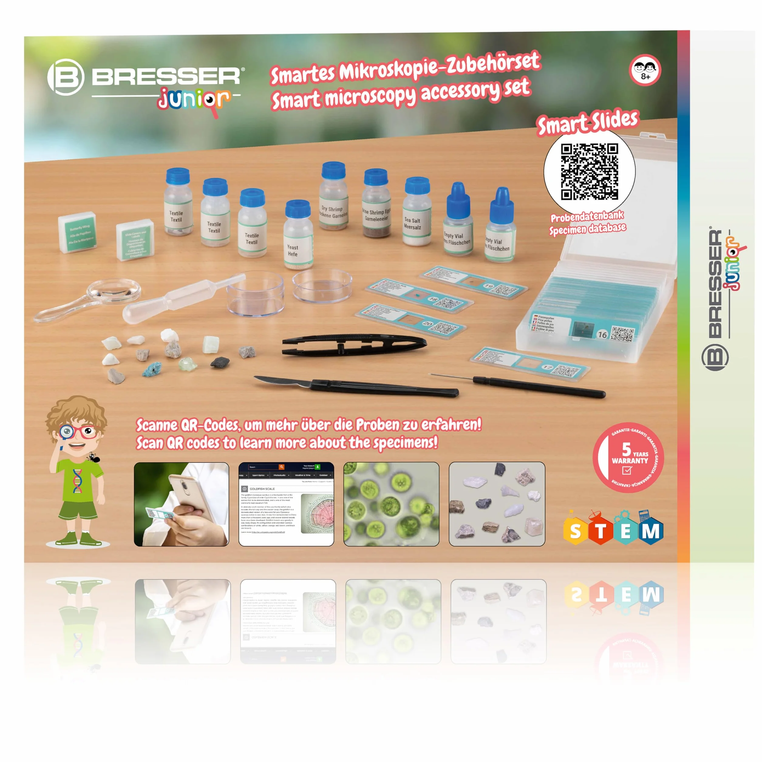 Bresser Junior inteligentny zestaw akcesoriów do mikroskopu z kodem QR do uzyskania dodatkowych informacji