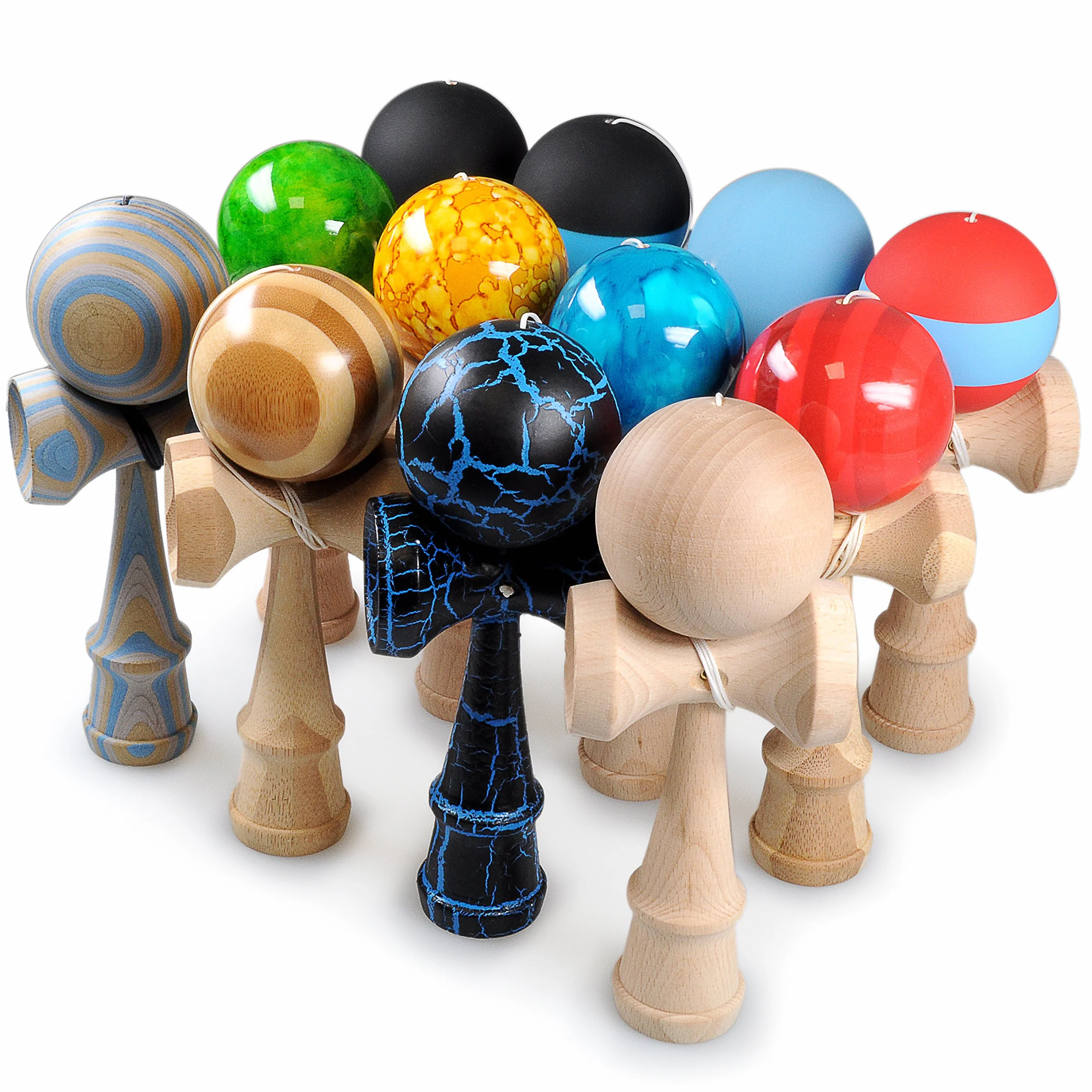 Ganzoo kendama z drewna bukowego, tradycyjna japońska zabawka do zręczności, niebieski, kulka 6 cm z otworem, linka nylonowa, 3 talerze chwytne w rękojeści, wysokość 16 cm, waga 144 g