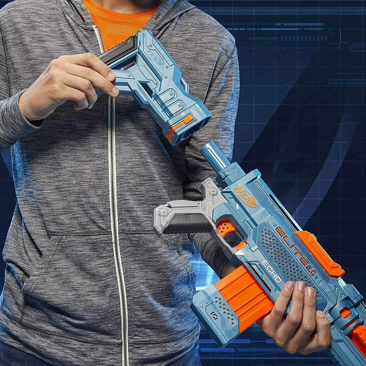 Wyrzutnia Nerf Elite 2.0 Echo CS-10-24 oryginalne strzałki Nerf, 10-strzałkowy magazynek, zdejmowana kolba, przedłużenie lufy, 4 szyny na akcesoria.